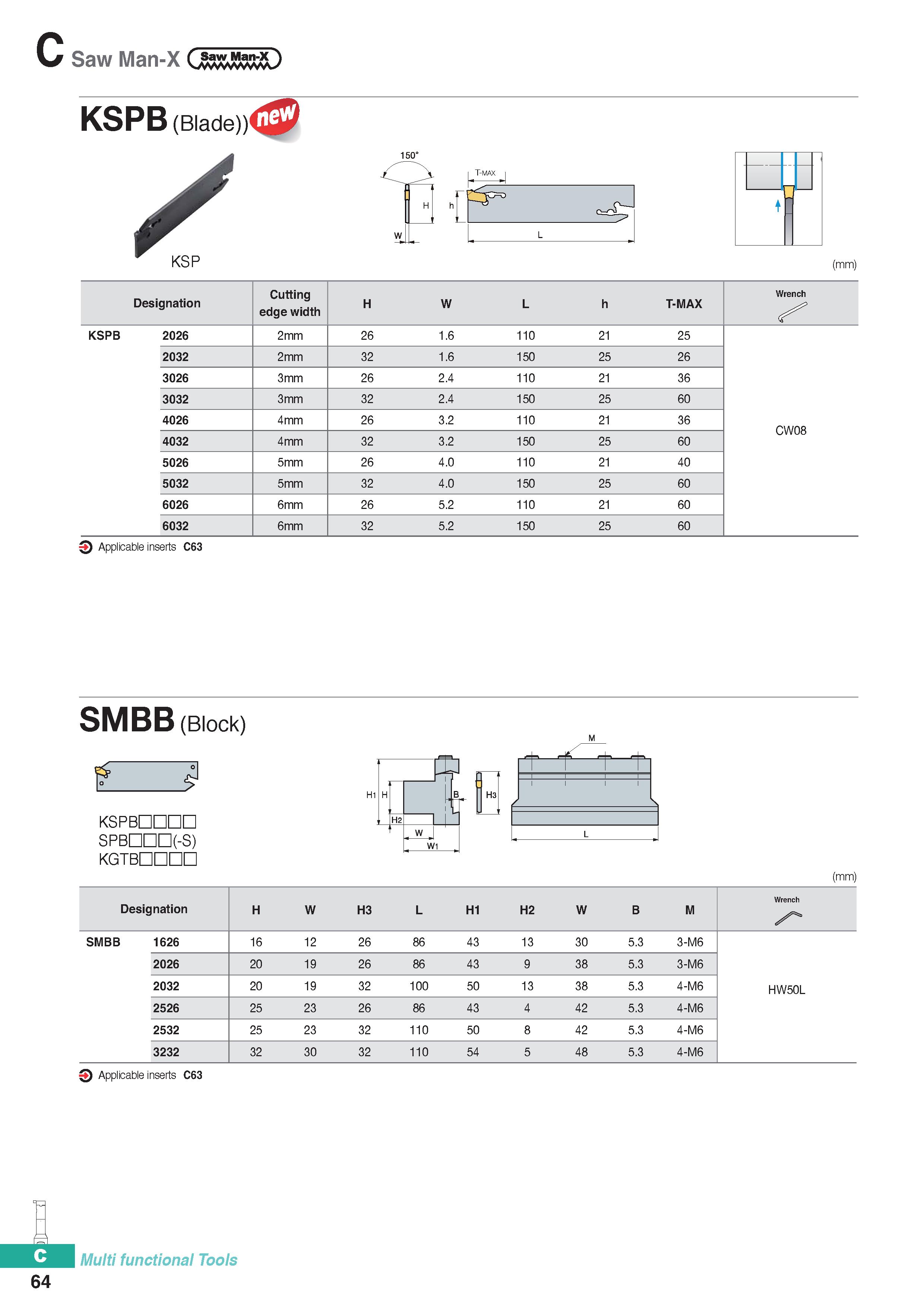 374 Saw Man-X 64 KSPB (Blade)) KSP (mm) Designation Cutting edge width H W L h T-MAX Wrench KSPB 2026 2 mm 26 1 6 110 21 25 2032 2 mm 32 1 6 150 25 2 Каталог KORLOY 2020 Режущий и вспомогательный инструмент для станков ЧПУ и универсальных Фрезы с СМП Сверла твердосплавные Резцы токарные Пластины сменные режущие Стр. C64