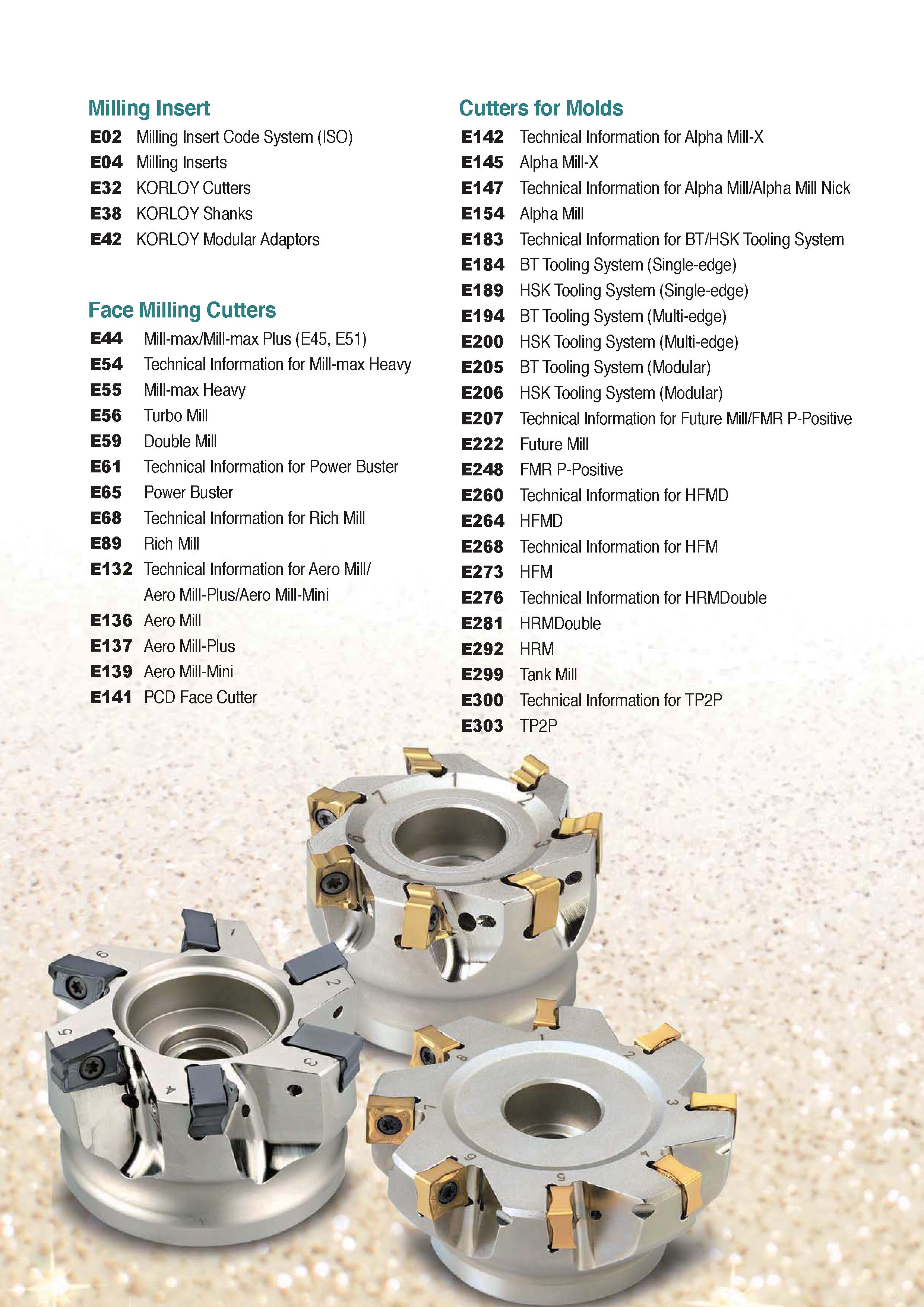 458 Milling Insert Cutters for Molds E02 Milling Insert Code System (ISO) E142 Technical Information for Alpha Mill-X E04 Milling Inserts E145 Alpha Каталог KORLOY 2020 Режущий и вспомогательный инструмент для станков ЧПУ и универсальных Фрезы с СМП Сверла твердосплавные Резцы токарные Пластины сменные режущие Стр. 