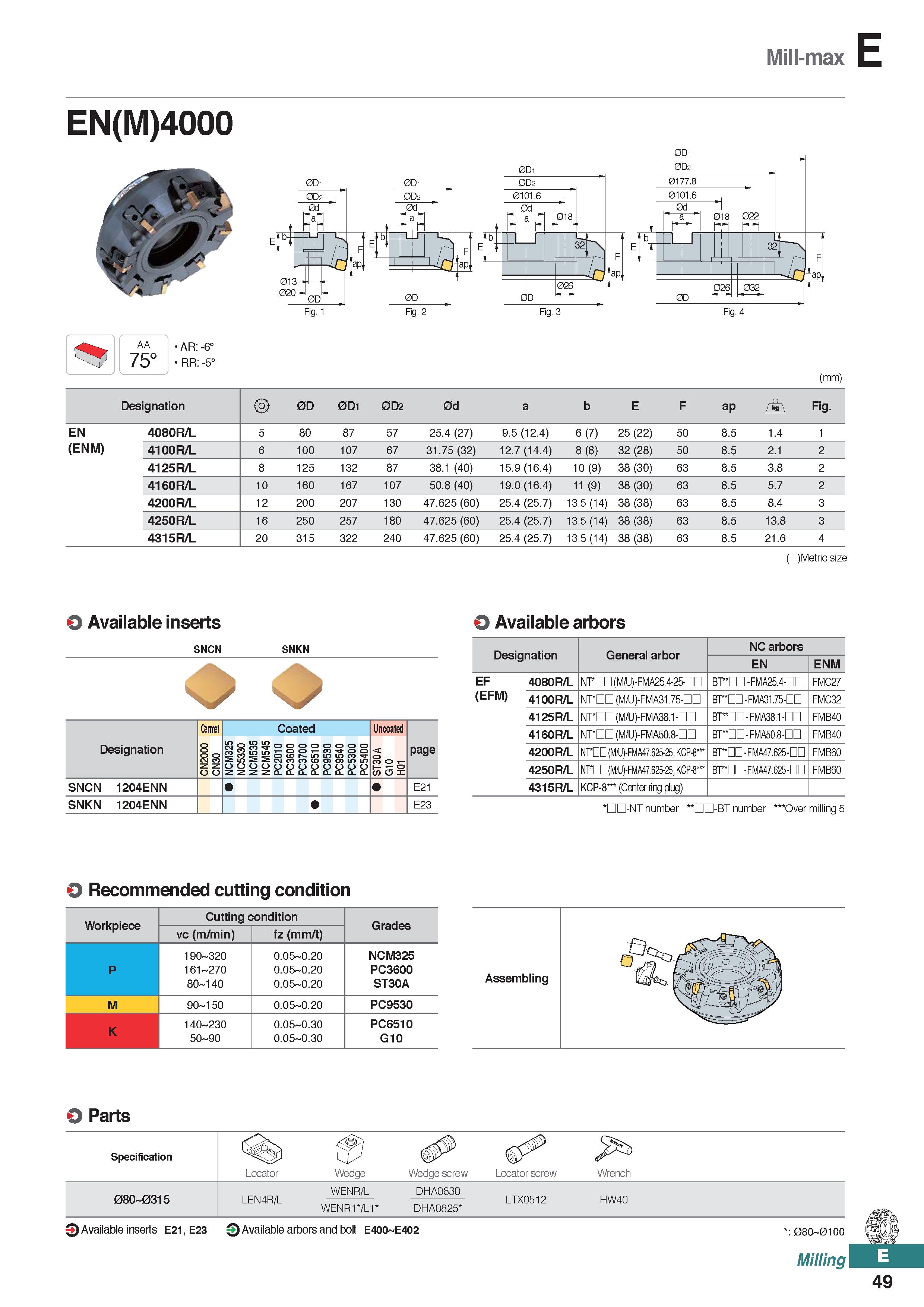 507 Mill-max EN(M)4000 0D2 AA 75° AR: -6° RR: -5° 013 02CH 0D Fig 1 Fig 2 Fig 3 Fig 4 (mm) Designation 0D 0D1 0D2 0d a b E F ap Fig EN 4080R/L 5 80 8 Каталог KORLOY 2020 Режущий и вспомогательный инструмент для станков ЧПУ и универсальных Фрезы с СМП Сверла твердосплавные Резцы токарные Пластины сменные режущие Стр. E49