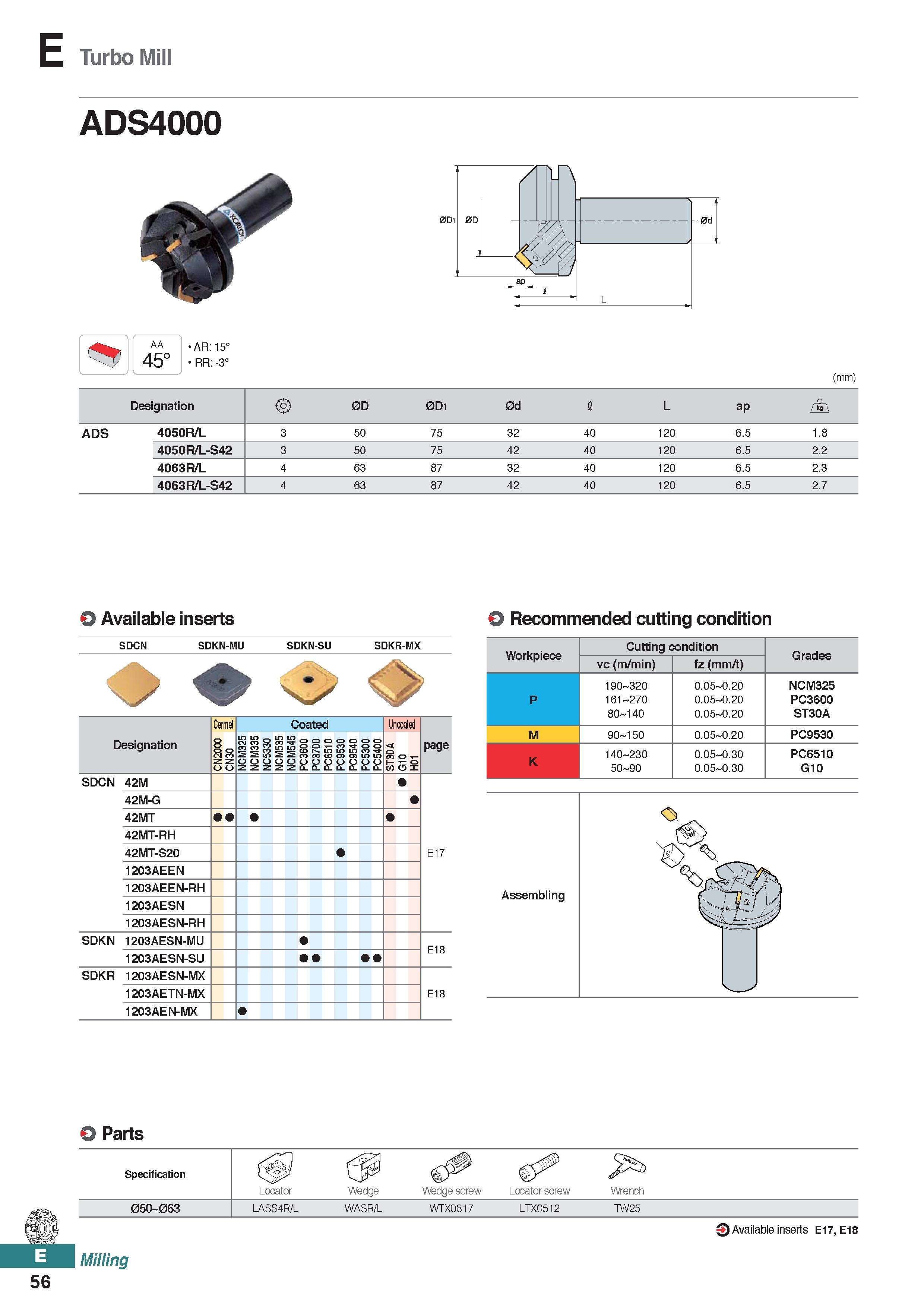 514 E Turbo Mill ADS4000 AA 45° AR: 15° RR: -3° (mm) Designation 2> 0D 0D1 0d I L ap ADS 4050R/L 3 50 75 32 40 120 6 5 1 8 4050R/L-S42 3 50 75 42 40 Каталог KORLOY 2020 Режущий и вспомогательный инструмент для станков ЧПУ и универсальных Фрезы с СМП Сверла твердосплавные Резцы токарные Пластины сменные режущие Стр. E56