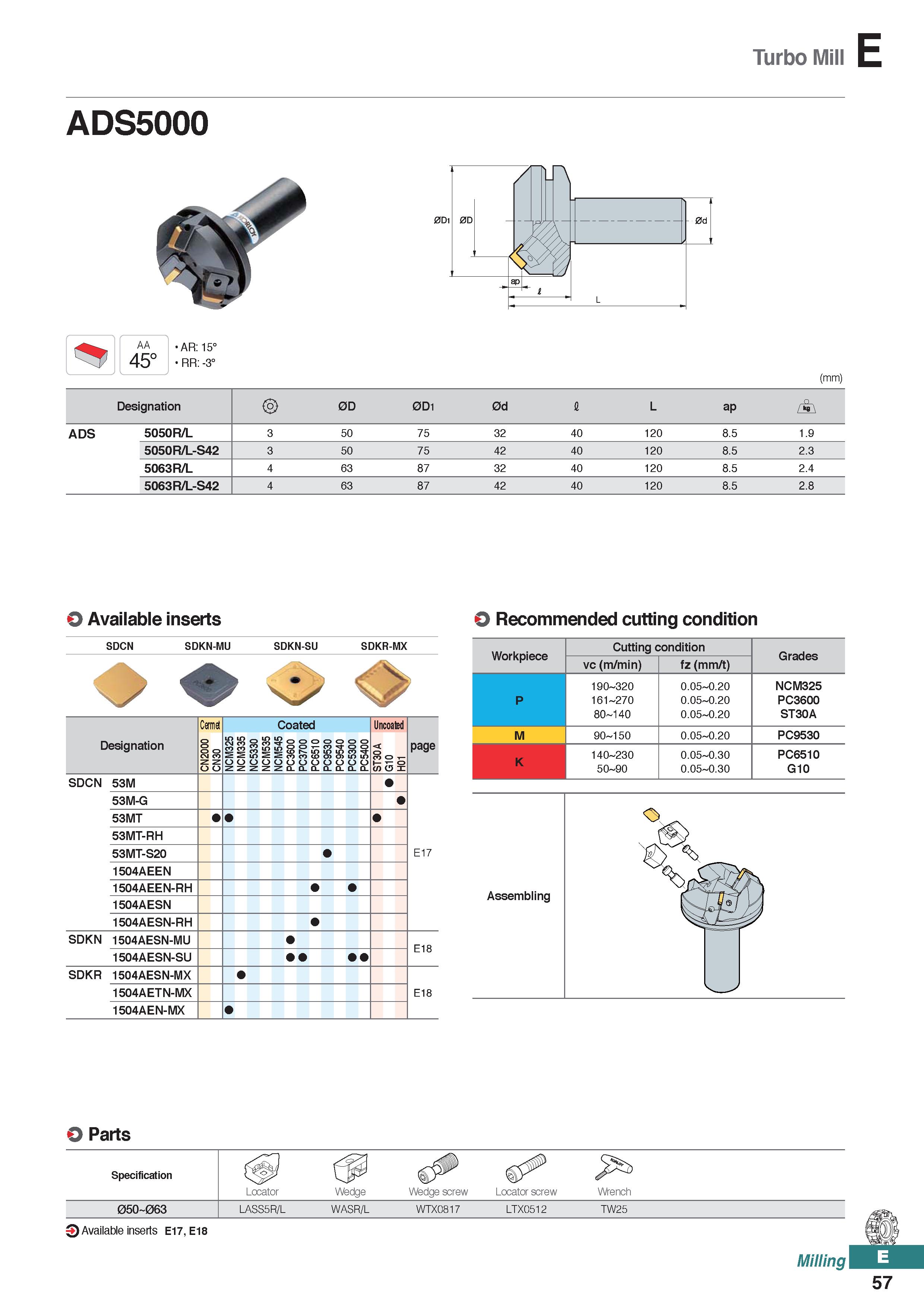 515 Turbo Mill E ADS5000 AA 45° AR: 15° RR: -3° (mm) Designation 0D 0D1 0d I L ap / \ ADS 5050R/L 3 50 75 32 40 120 8 5 1 9 5050R/L-S42 3 50 75 42 40 Каталог KORLOY 2020 Режущий и вспомогательный инструмент для станков ЧПУ и универсальных Фрезы с СМП Сверла твердосплавные Резцы токарные Пластины сменные режущие Стр. E57