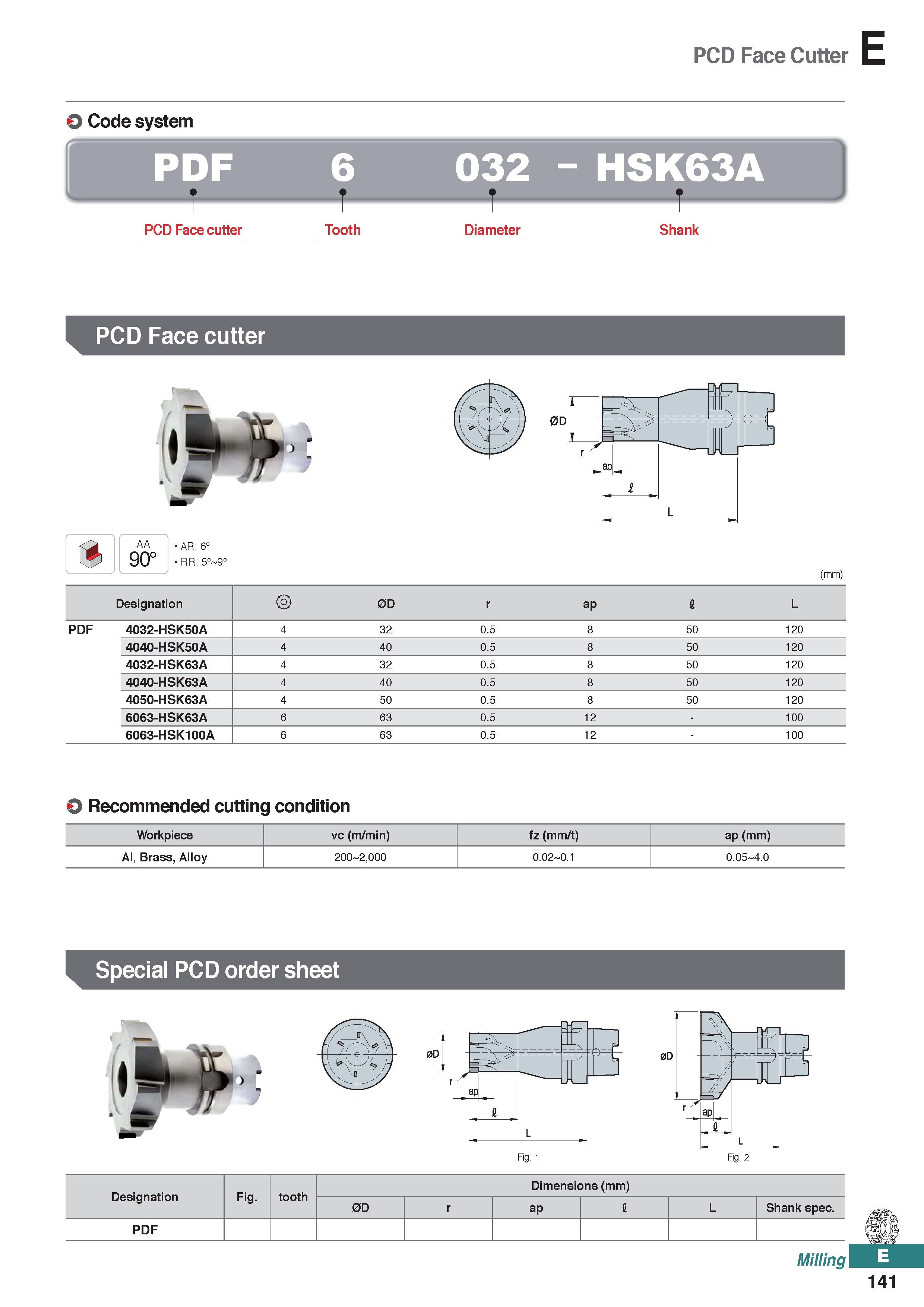 599 PCD Face Cutter O Code system PDF 6 032 - HSK63A PCD Face cutter Tooth Diameter Shank PCD Face cutter AA 90° AR: 6° RR: 5° (mm) Designation 0D r Каталог KORLOY 2020 Режущий и вспомогательный инструмент для станков ЧПУ и универсальных Фрезы с СМП Сверла твердосплавные Резцы токарные Пластины сменные режущие Стр. E141
