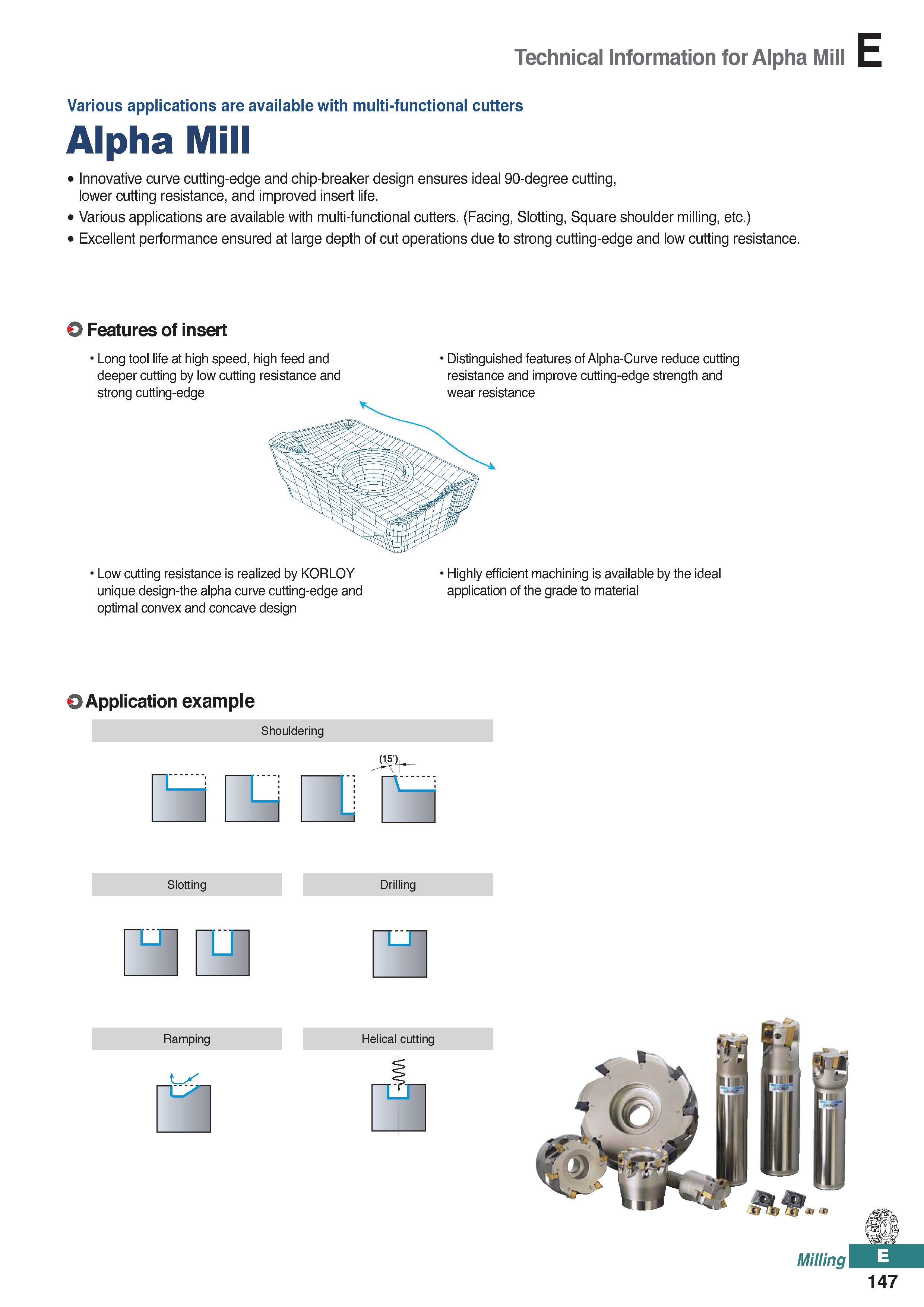 605 Technical Information for Alpha Mill Various applications are available with multi-functional cutters Alpha Mill Innovative curve cutting-edge an Каталог KORLOY 2020 Режущий и вспомогательный инструмент для станков ЧПУ и универсальных Фрезы с СМП Сверла твердосплавные Резцы токарные Пластины сменные режущие Стр. E147