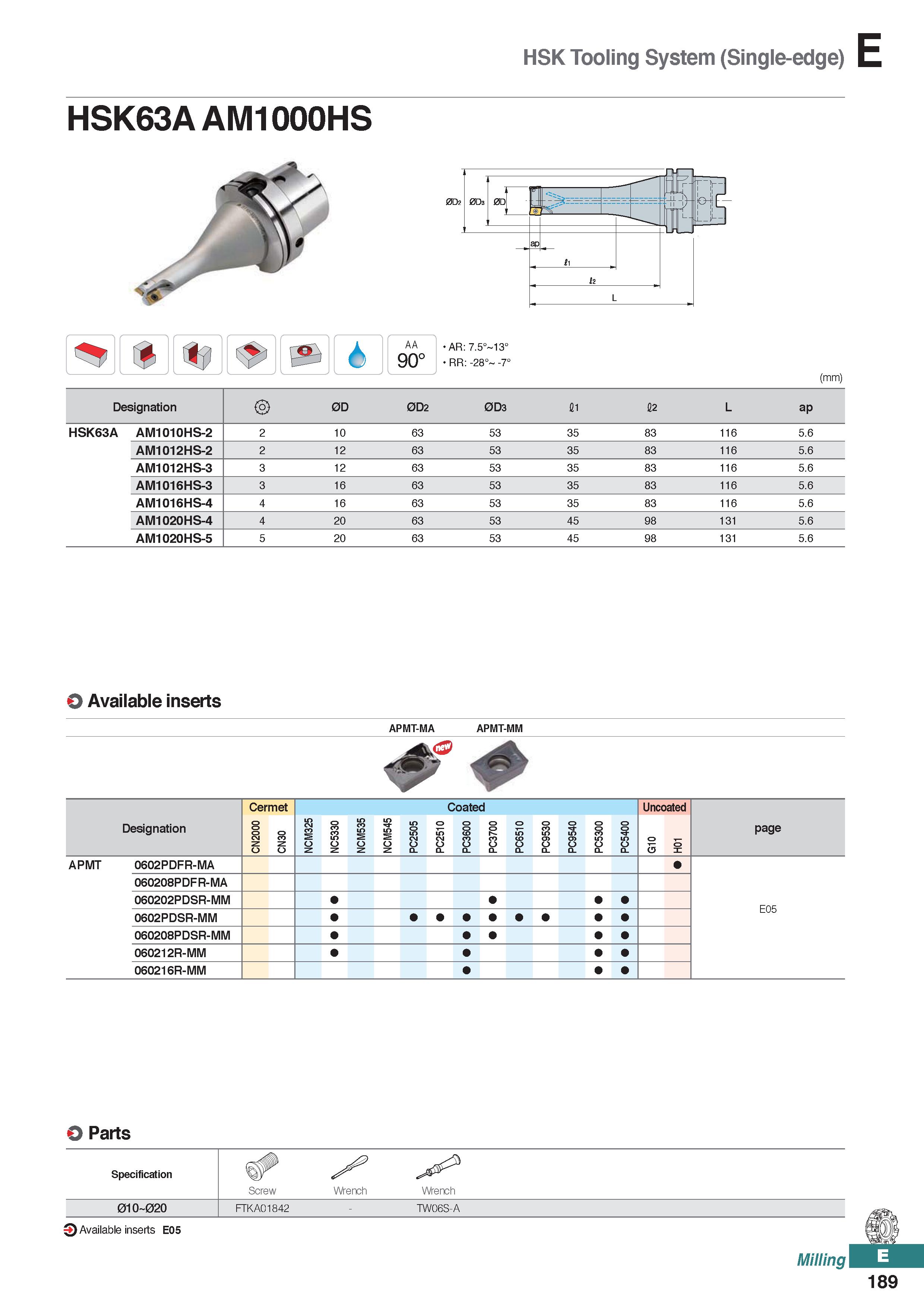 647 HSK Tooling System (Single-edge) HSK63A AM1000HS AA 90° AR: 7 5° 13° RR: -28° -7° (mm) Designation 0D 0D2 0D3 11 12 L ap HSK63A AM1010HS-2 2 10 6 Каталог KORLOY 2020 Режущий и вспомогательный инструмент для станков ЧПУ и универсальных Фрезы с СМП Сверла твердосплавные Резцы токарные Пластины сменные режущие Стр. E189