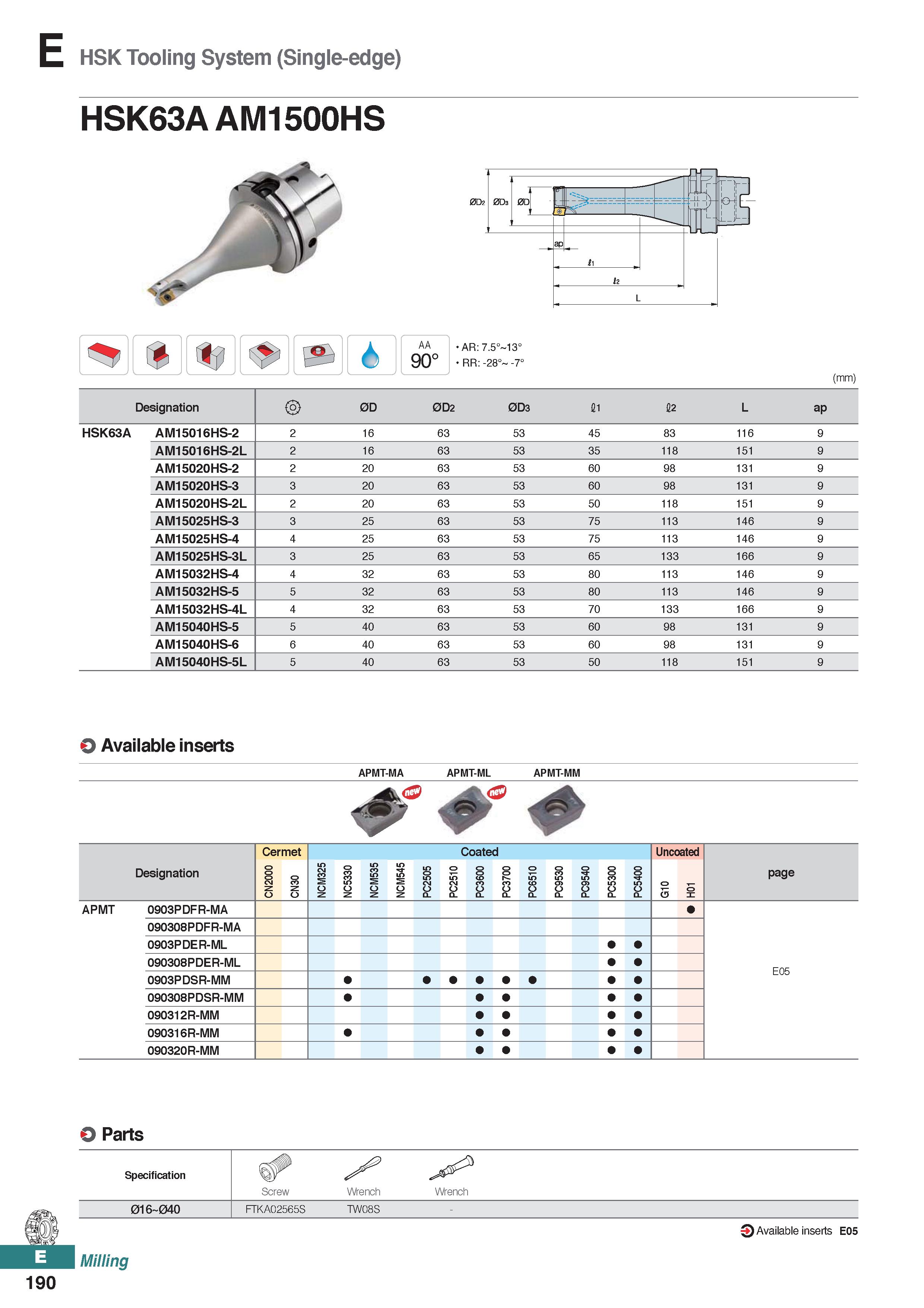 648 HSK Tooling System (Single-edge) HSK63A AM1500HS AA 90° AR:7 5° 13° RR: -28° -7° (mm) Designation 0D 0D2 0D3 11 12 L ap HSK63A AM15016HS-2 2 16 6 Каталог KORLOY 2020 Режущий и вспомогательный инструмент для станков ЧПУ и универсальных Фрезы с СМП Сверла твердосплавные Резцы токарные Пластины сменные режущие Стр. E190