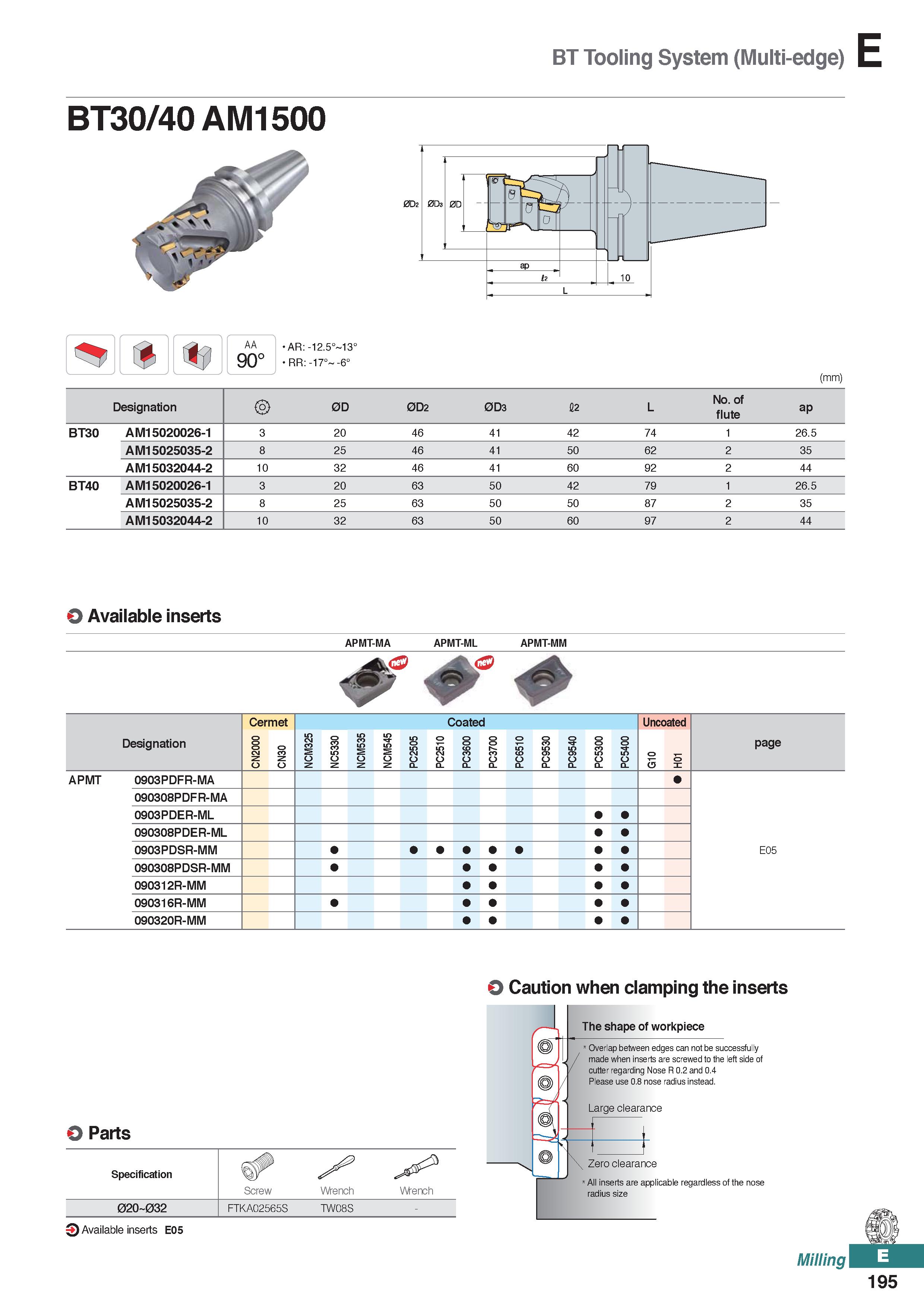 653 BT Tooling System (Multi-edge) BT30/40 AM1500 AA 90° AR:-12 5° 13° RR:-17° -6° (mm) Designation 0D 0D2 0D3 12 L No of flute ap BT30 AM15020026-1 Каталог KORLOY 2020 Режущий и вспомогательный инструмент для станков ЧПУ и универсальных Фрезы с СМП Сверла твердосплавные Резцы токарные Пластины сменные режущие Стр. E195
