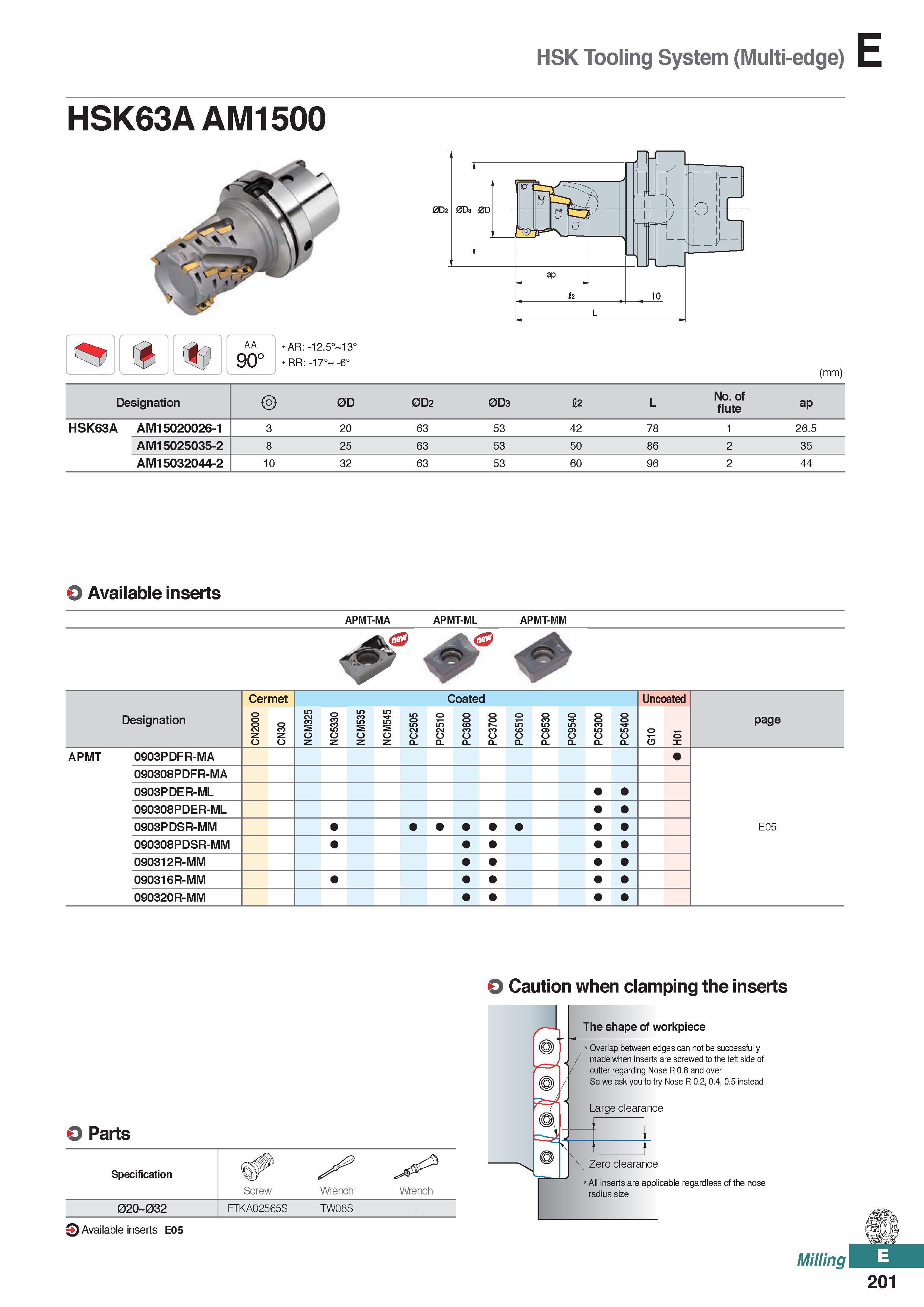 659 HSK Tooling System (Multi-edge) HSK63A AM1500 AA 90° AR: -12 5° 13° RR: -17° -6° (mm) Designation 0D 0D2 0D3 12 L No of flute ap HSK63A AM1502002 Каталог KORLOY 2020 Режущий и вспомогательный инструмент для станков ЧПУ и универсальных Фрезы с СМП Сверла твердосплавные Резцы токарные Пластины сменные режущие Стр. E201