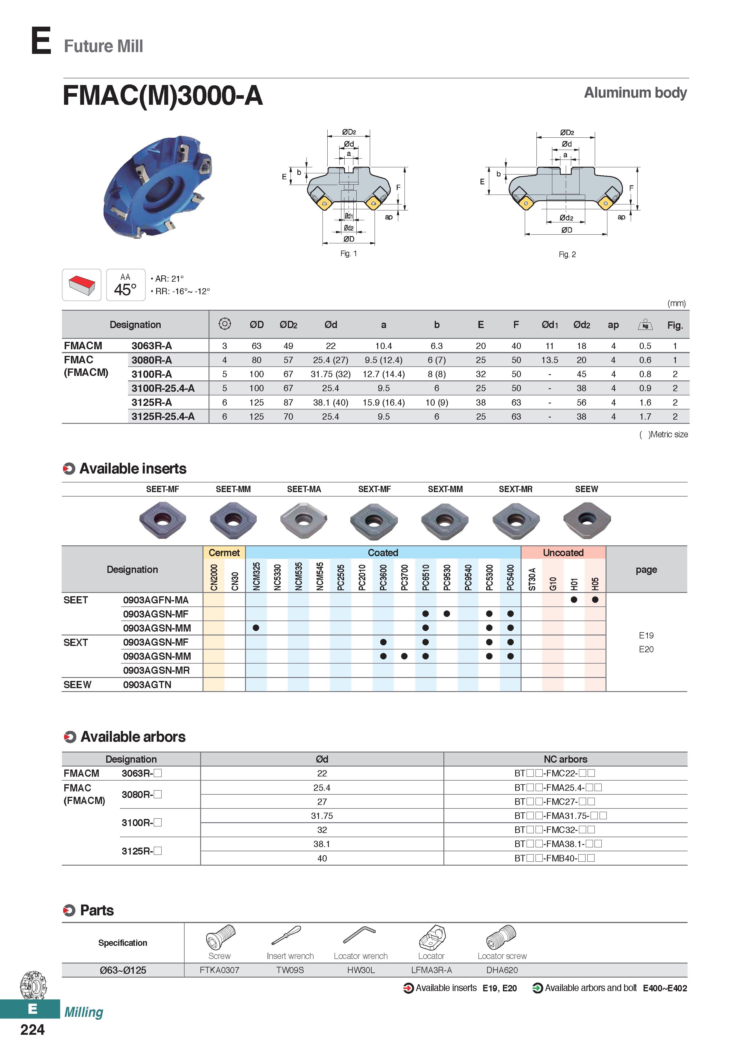 682 Future Mill FMAC(M)3000-A Aluminum body AA 45° AR: 21° RR: -16° -12° Fig 2 (mm) Designation 0D 0D2 0d a b E F 0d1 0d2 ap / T\ Fig FMACM 3063R-A 3 Каталог KORLOY 2020 Режущий и вспомогательный инструмент для станков ЧПУ и универсальных Фрезы с СМП Сверла твердосплавные Резцы токарные Пластины сменные режущие Стр. E224