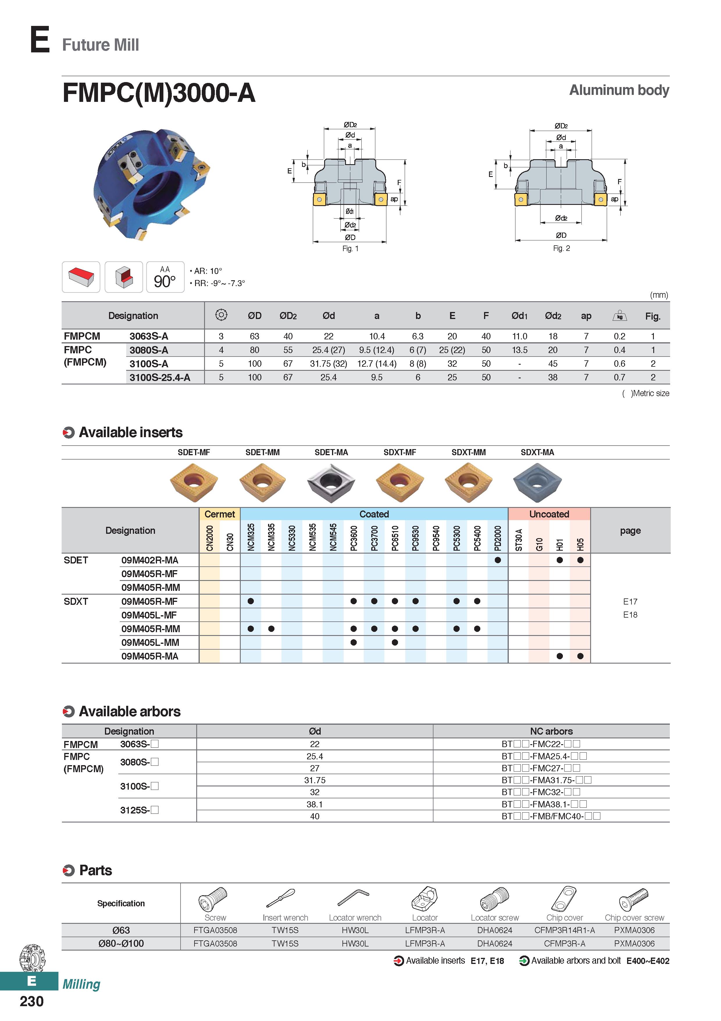 688 Future Mill FMPC(M)3000-A AA 90° AR: 10° RR: -9° -7 3° Aluminum body 0D2 (mm) Designation 2> 0D 0D2 0d a b E F 0d1 0d2 ap / T\ Fig FMPCM 3063S-A Каталог KORLOY 2020 Режущий и вспомогательный инструмент для станков ЧПУ и универсальных Фрезы с СМП Сверла твердосплавные Резцы токарные Пластины сменные режущие Стр. E230