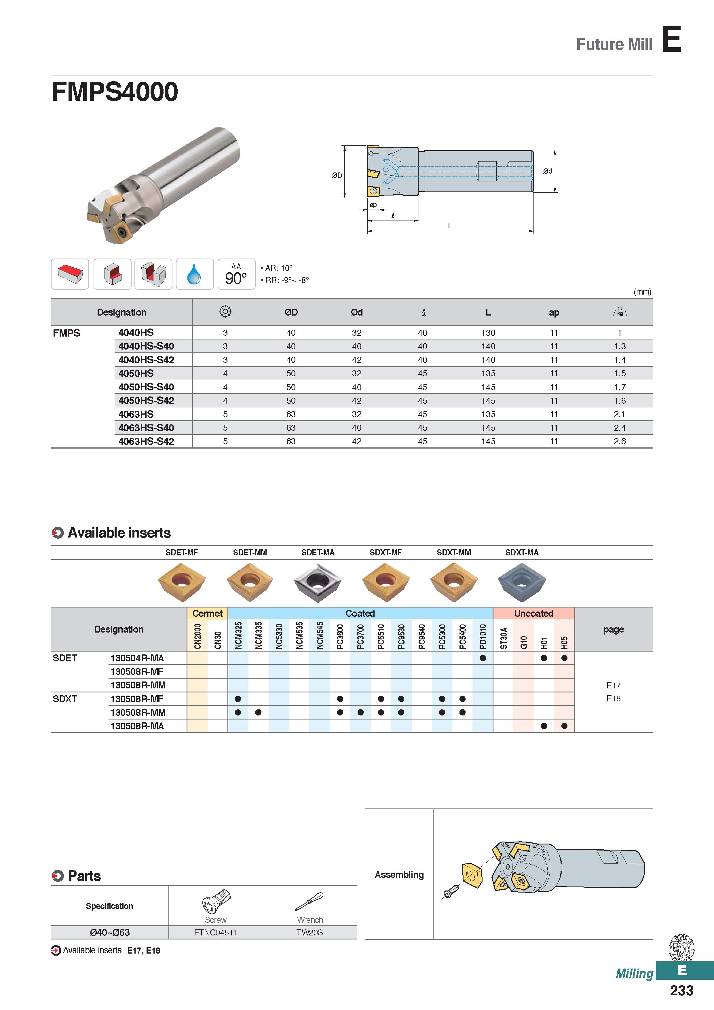 691 Future Mill FMPS4000 AA 90° AR: 10° RR: -9°- (mm) Designation 2> 0D 0d I L ap /i\ FMPS 4040HS 3 40 32 40 130 11 1 4040HS-S40 3 40 40 40 140 11 1 Каталог KORLOY 2020 Режущий и вспомогательный инструмент для станков ЧПУ и универсальных Фрезы с СМП Сверла твердосплавные Резцы токарные Пластины сменные режущие Стр. E233