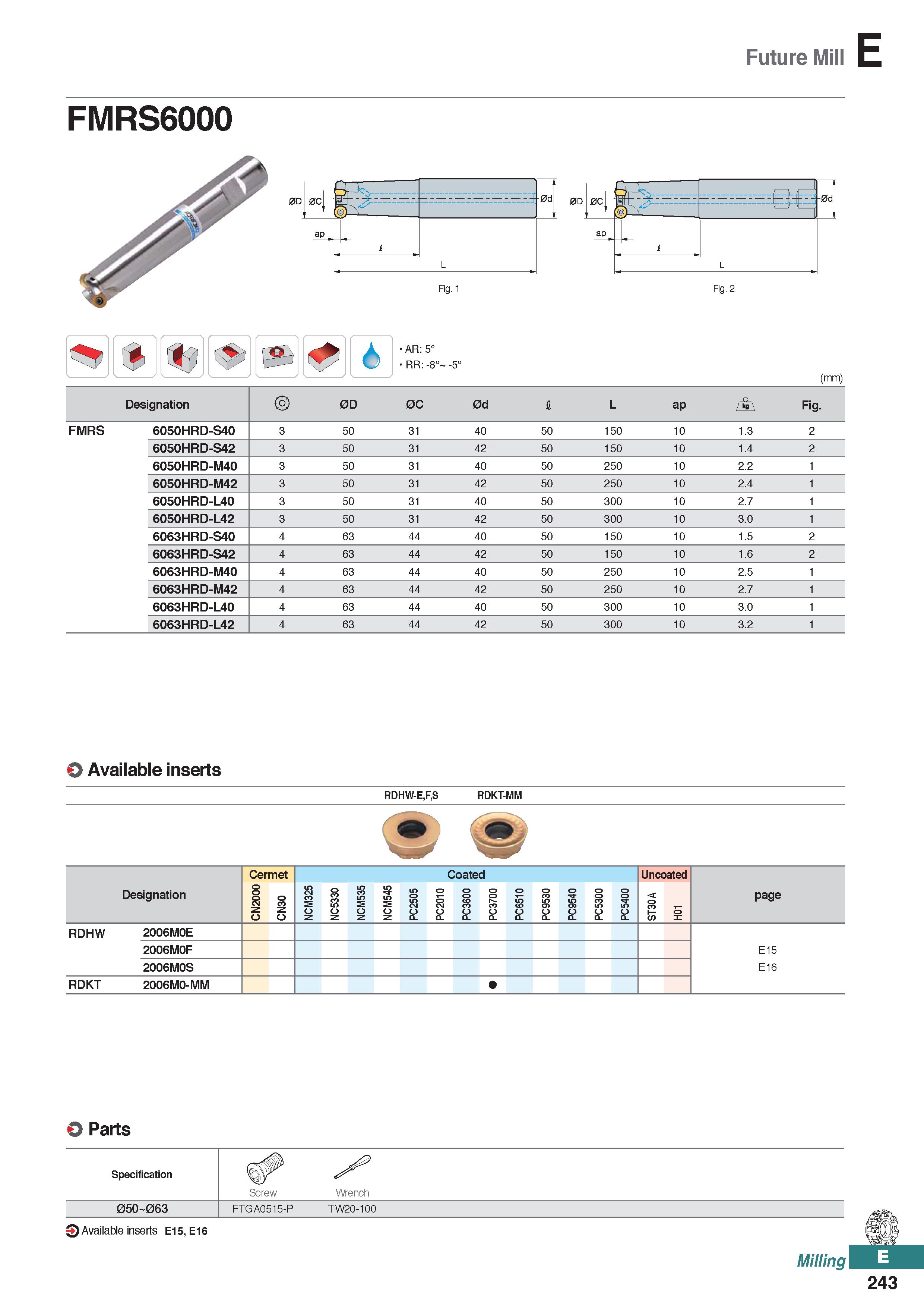 701 Future Mill FMRS6000 AR: 5° RR: -8° -5° (mm) Designation 0D 0C 0d I L ap r \ Fig FMRS 6050HRD-S40 3 50 31 40 50 150 10 1 3 2 6050HRD-S42 3 50 31 Каталог KORLOY 2020 Режущий и вспомогательный инструмент для станков ЧПУ и универсальных Фрезы с СМП Сверла твердосплавные Резцы токарные Пластины сменные режущие Стр. E243