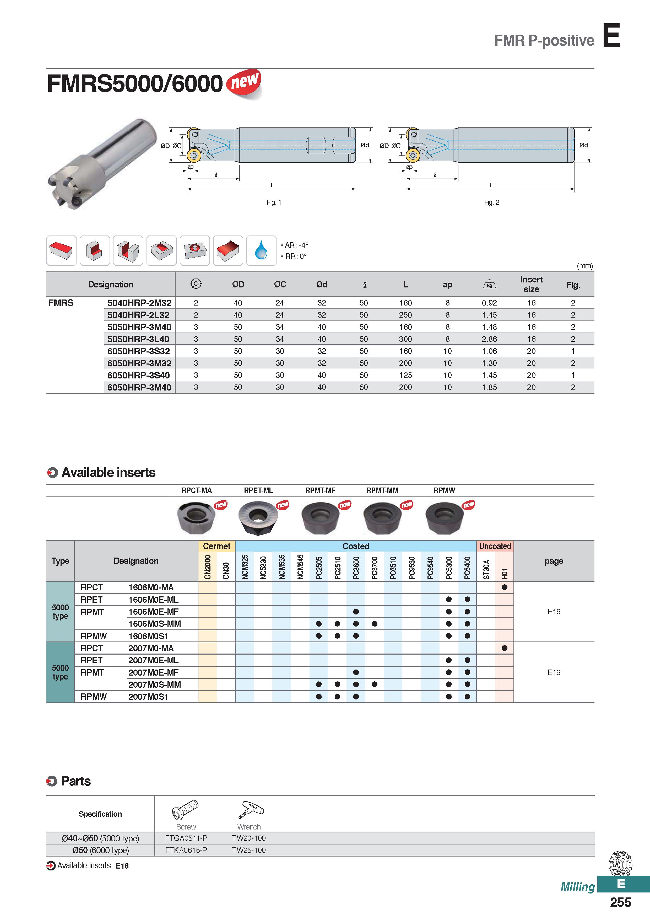 713 FMR P-positive FMRS5000/6000 Fig 1 Fig 2 AR: -4° RR: 0° (mm) Designation 0D 0C 0d I L ap / \ Insert size Fig FMRS 5040HRP-2M32 2 40 24 32 50 1 60 Каталог KORLOY 2020 Режущий и вспомогательный инструмент для станков ЧПУ и универсальных Фрезы с СМП Сверла твердосплавные Резцы токарные Пластины сменные режущие Стр. E255