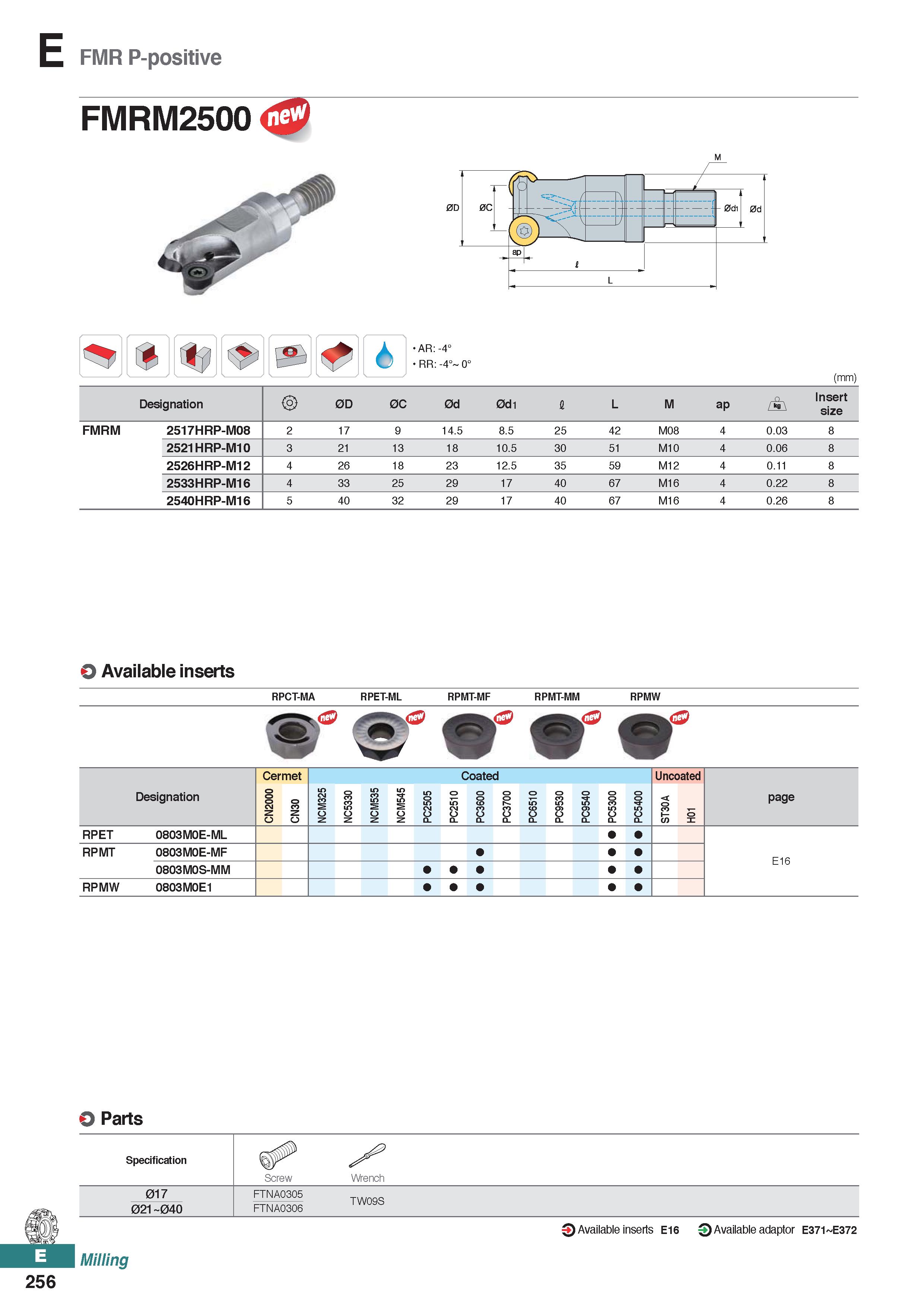 714 FMR P-positive FMRM2500 AR:-4° RR: -4° 0° (mm) Designation 0D 0C 0d 0d1 I L M ap Insert size FMRM 2517HRP-M08 2 17 9 14 5 8 5 25 42 M08 4 0 03 8 Каталог KORLOY 2020 Режущий и вспомогательный инструмент для станков ЧПУ и универсальных Фрезы с СМП Сверла твердосплавные Резцы токарные Пластины сменные режущие Стр. E256