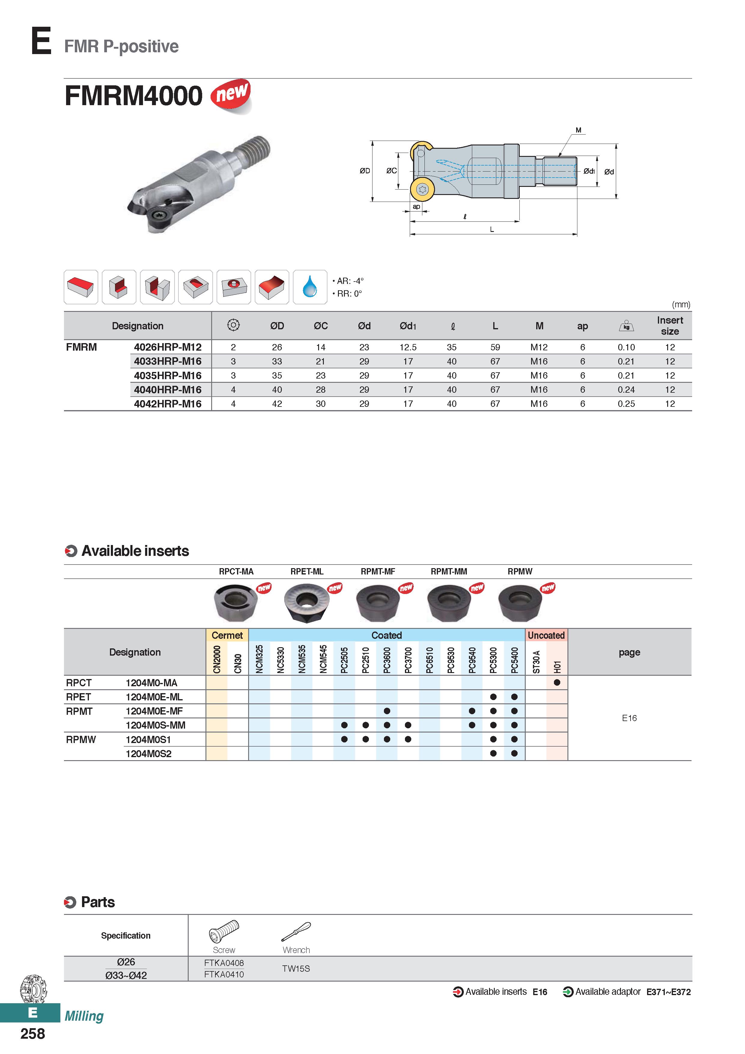 716 FMR P-positive FMRM4000 AR: -4° RR: 0° (mm) Designation 0D 0C 0d 0d1 1 L M ap /i\ Insert size FMRM 4026HRP-M12 2 26 14 23 12 5 35 59 M12 6 0 10 1 Каталог KORLOY 2020 Режущий и вспомогательный инструмент для станков ЧПУ и универсальных Фрезы с СМП Сверла твердосплавные Резцы токарные Пластины сменные режущие Стр. E258
