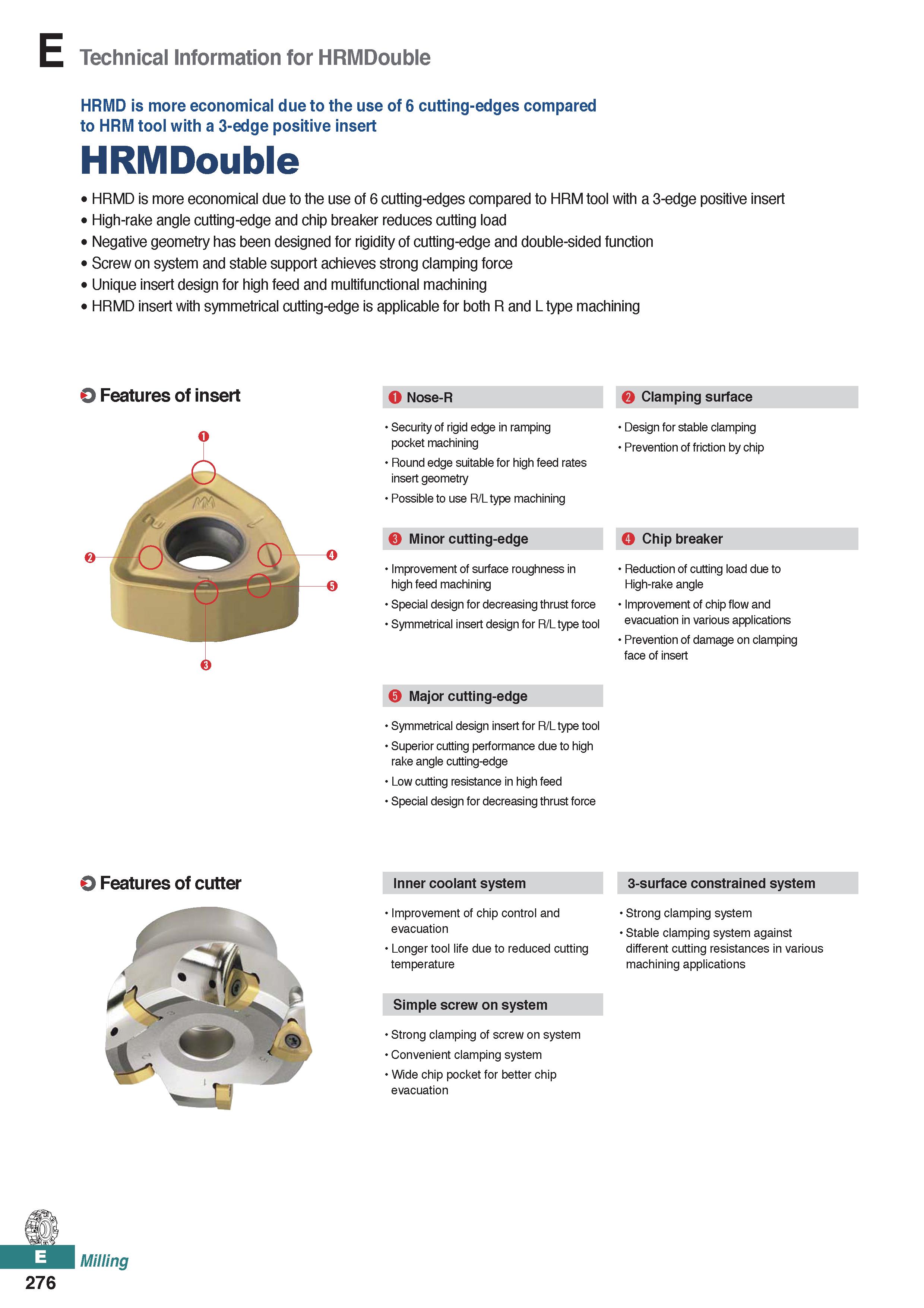 734 Technical Information for HRMDouble HRMD is more economical due to the use of 6 cutting-edges compared to HRM tool with a 3-edge positive insert Каталог KORLOY 2020 Режущий и вспомогательный инструмент для станков ЧПУ и универсальных Фрезы с СМП Сверла твердосплавные Резцы токарные Пластины сменные режущие Стр. E276