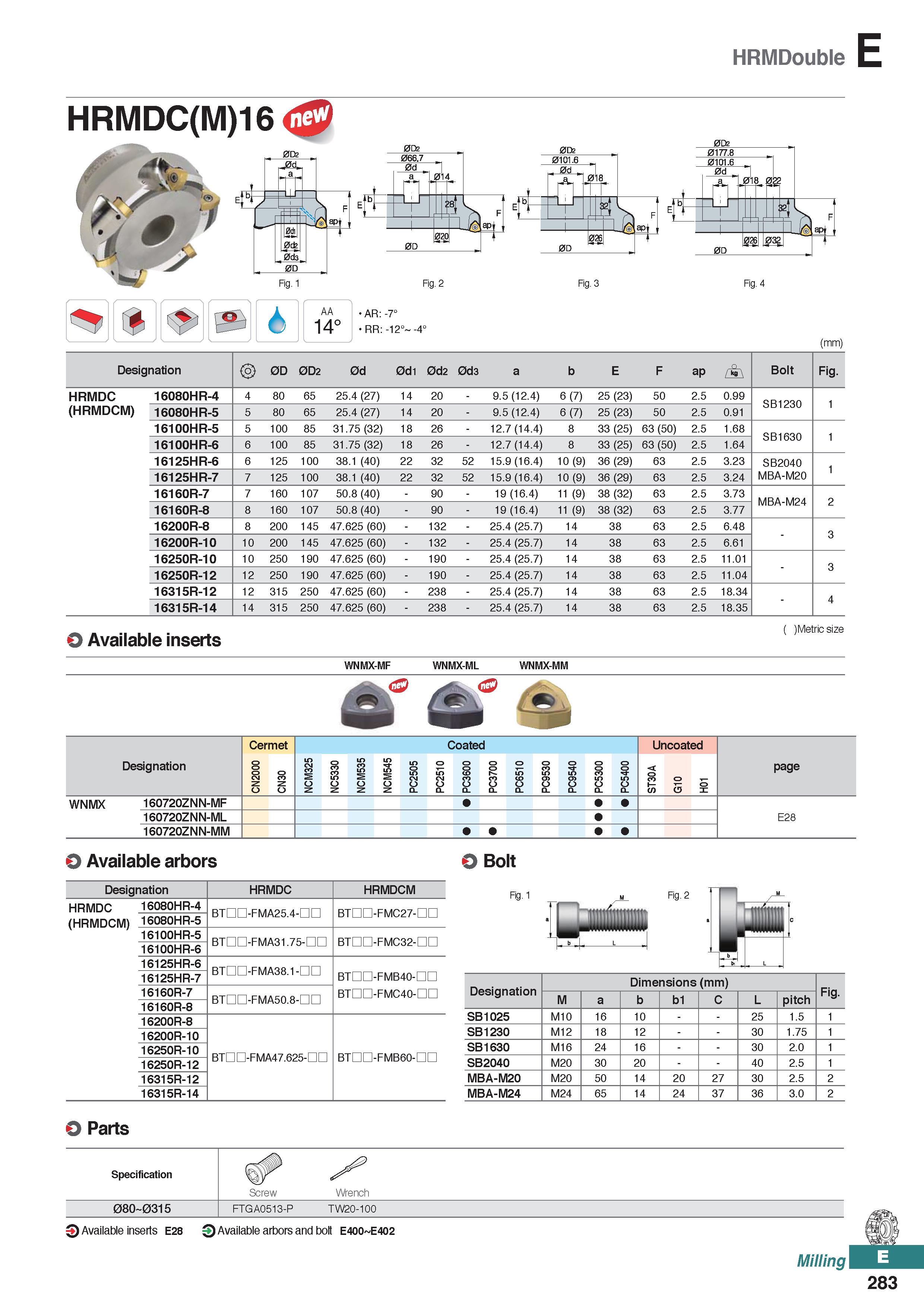 741 HRMDouble E HRMDC(M)16 JP 0P2 0P2 Fig 1 6 AA 14° AR: -7° RR: -12° Fig 2 -4° Fig 3 Fig 4 (mm) Designation 0D 0D2 0d 0d1 0d2 0d3 a b E F ap Bolt Fi Каталог KORLOY 2020 Режущий и вспомогательный инструмент для станков ЧПУ и универсальных Фрезы с СМП Сверла твердосплавные Резцы токарные Пластины сменные режущие Стр. E283
