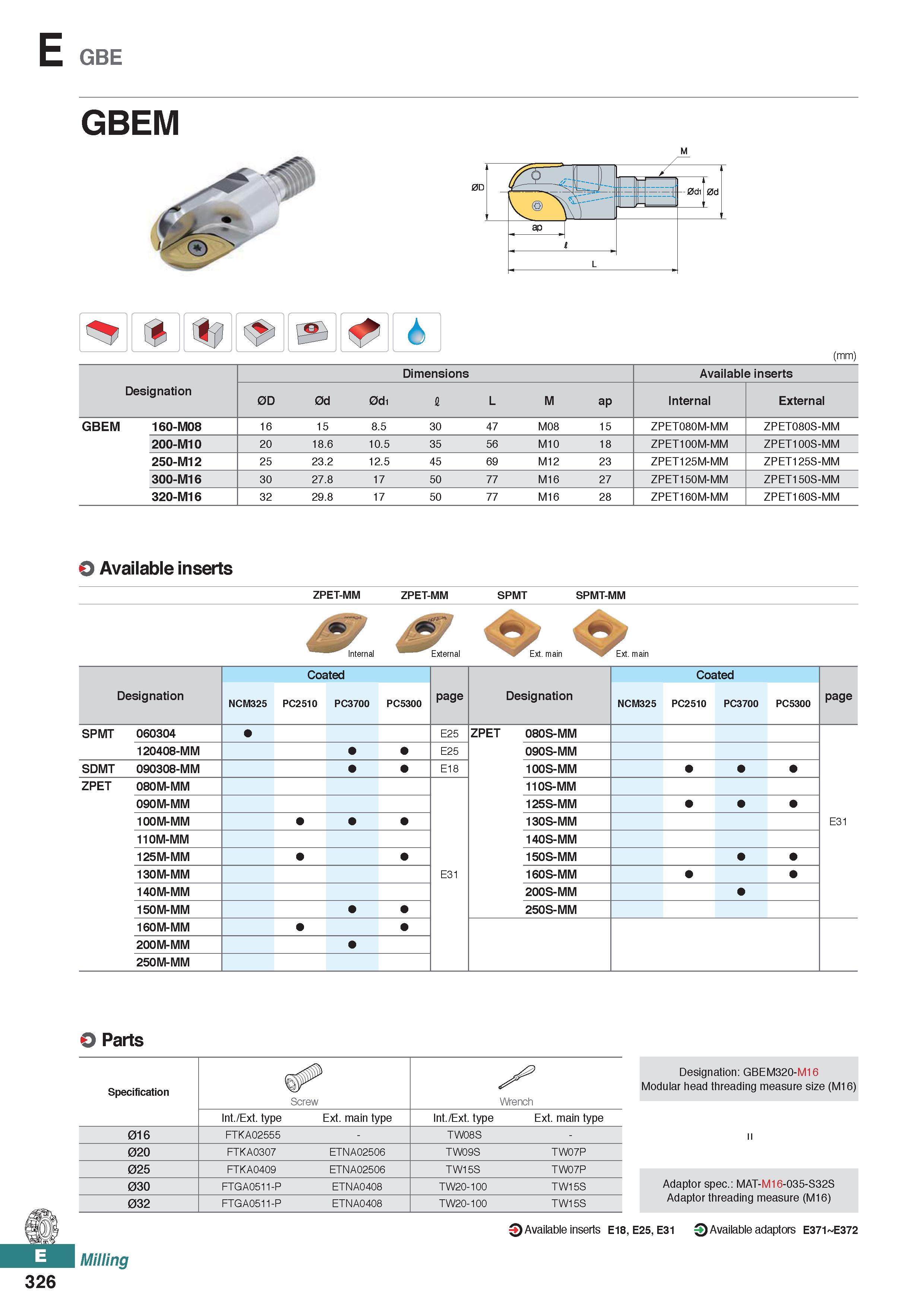 784 E GBE GBEM (mm) Designation Dimensions Available inserts 0D 0d 0d1 I L M ap Internal External GBEM 160-M08 16 15 8 5 30 47 M08 15 ZPET080M-MM ZPE Каталог KORLOY 2020 Режущий и вспомогательный инструмент для станков ЧПУ и универсальных Фрезы с СМП Сверла твердосплавные Резцы токарные Пластины сменные режущие Стр. E326