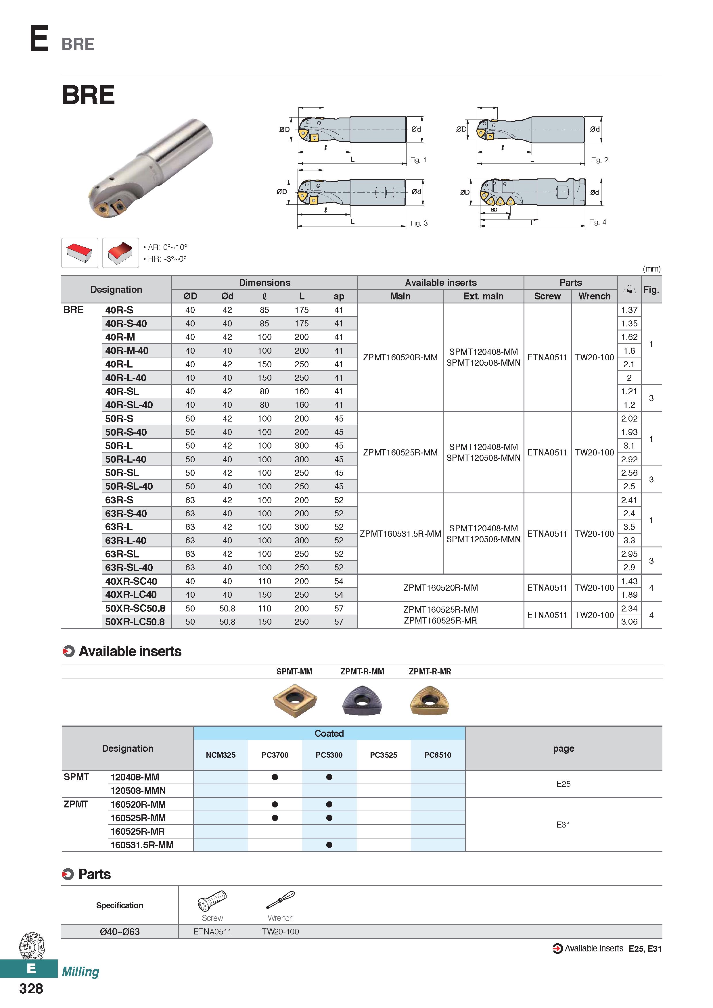 786 E BRE BRE Fig 2 Fig 4 AR: 0° 10° RR: -3° 0° (mm) Designation Dimensions Available inserts Parts r+\ Fig 0D 0d I L ap Main Ext main Screw Wrench B Каталог KORLOY 2020 Режущий и вспомогательный инструмент для станков ЧПУ и универсальных Фрезы с СМП Сверла твердосплавные Резцы токарные Пластины сменные режущие Стр. E328