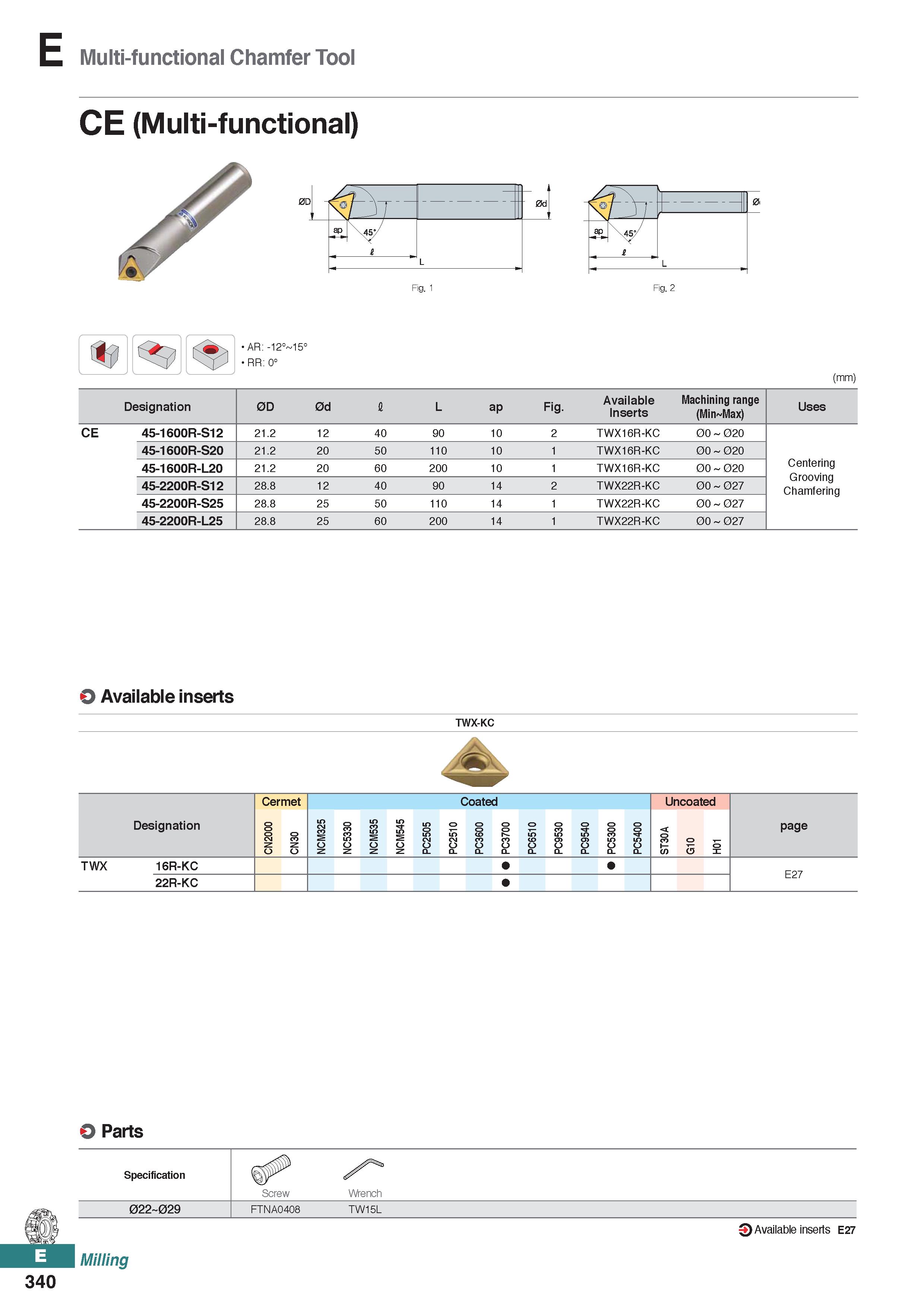 798 Multi-functional Chamfer Tool CE (Multi-functional) Fig 1 Fig 2 AR: -12° 15° RR: 0° (mm) Designation 0D 0d I L ap Fig Available Inserts Machining Каталог KORLOY 2020 Режущий и вспомогательный инструмент для станков ЧПУ и универсальных Фрезы с СМП Сверла твердосплавные Резцы токарные Пластины сменные режущие Стр. E340