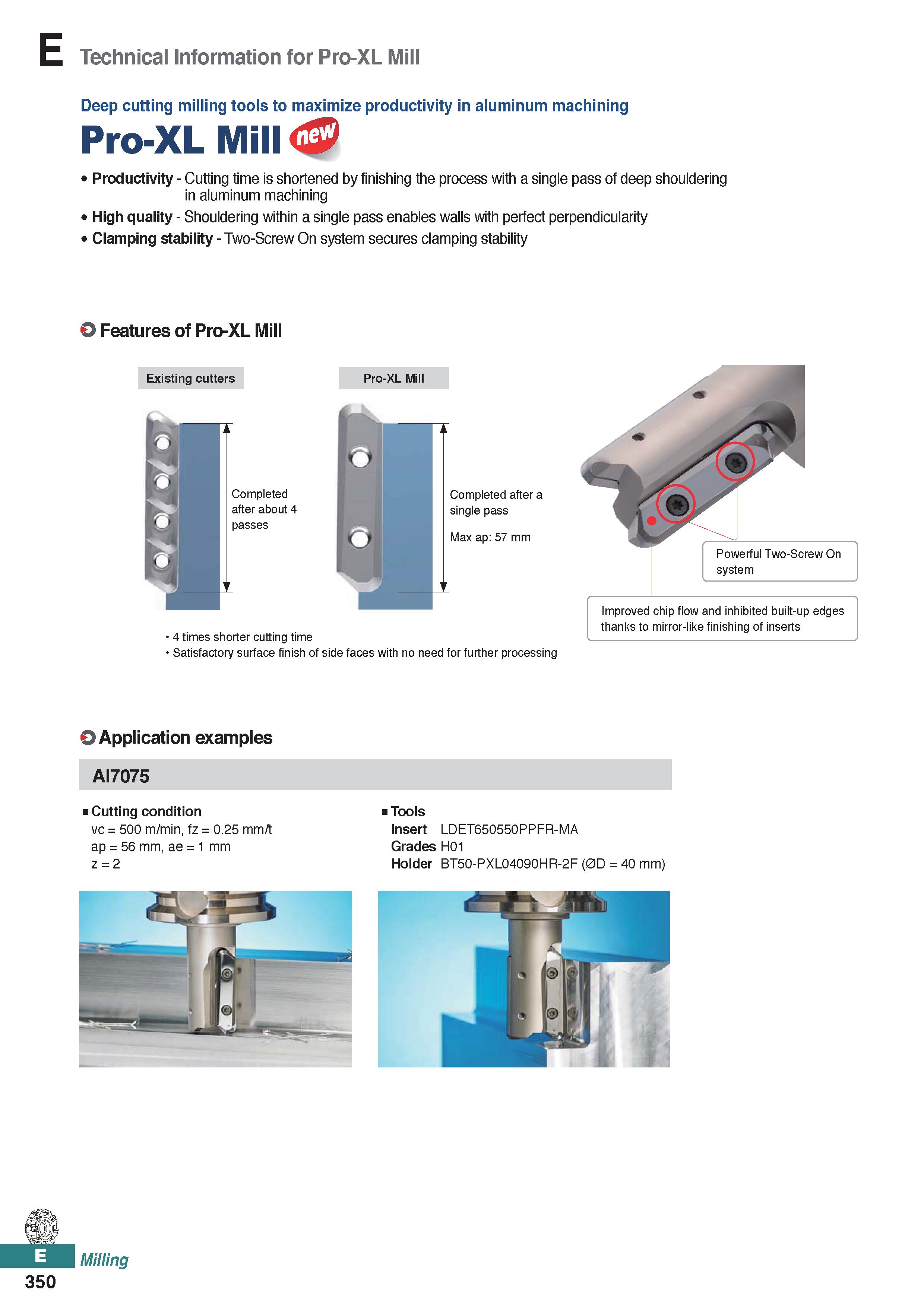 808 Technical Information for Pro-XL Mill Deep cutting milling tools to maximize productivity in aluminum machining Pro-XL Mill Productivity - Cuttin Каталог KORLOY 2020 Режущий и вспомогательный инструмент для станков ЧПУ и универсальных Фрезы с СМП Сверла твердосплавные Резцы токарные Пластины сменные режущие Стр. E350
