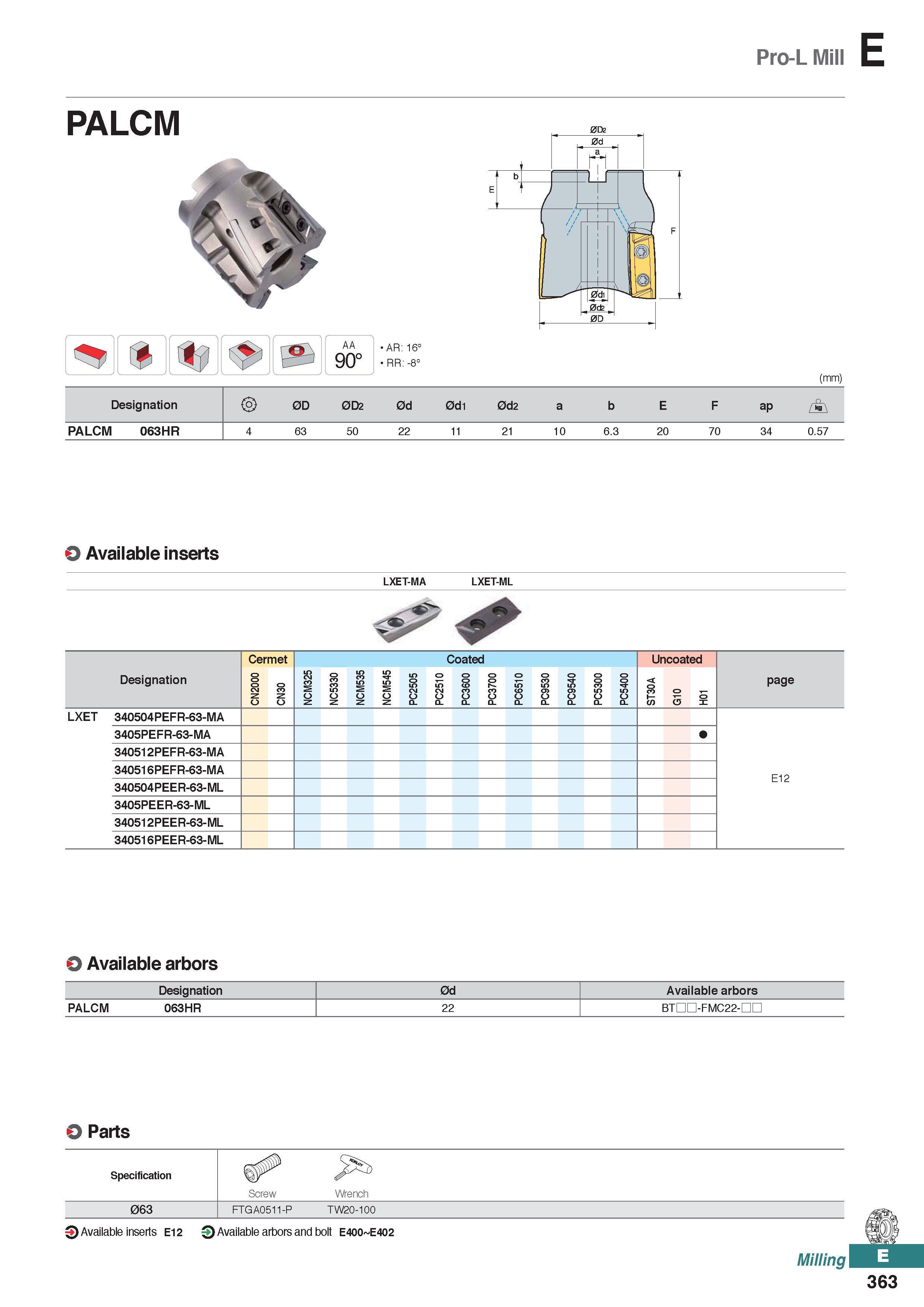 821 Pro-L Mill E PALCM AA 90° AR: 16° RR: -8° 0D2 (mm) Designation 0D 0D2 0d 0d1 0d2 a b E F ap pi\ PALCM 063HR 4 63 50 22 11 21 10 6 3 20 70 34 0 57 Каталог KORLOY 2020 Режущий и вспомогательный инструмент для станков ЧПУ и универсальных Фрезы с СМП Сверла твердосплавные Резцы токарные Пластины сменные режущие Стр. E363