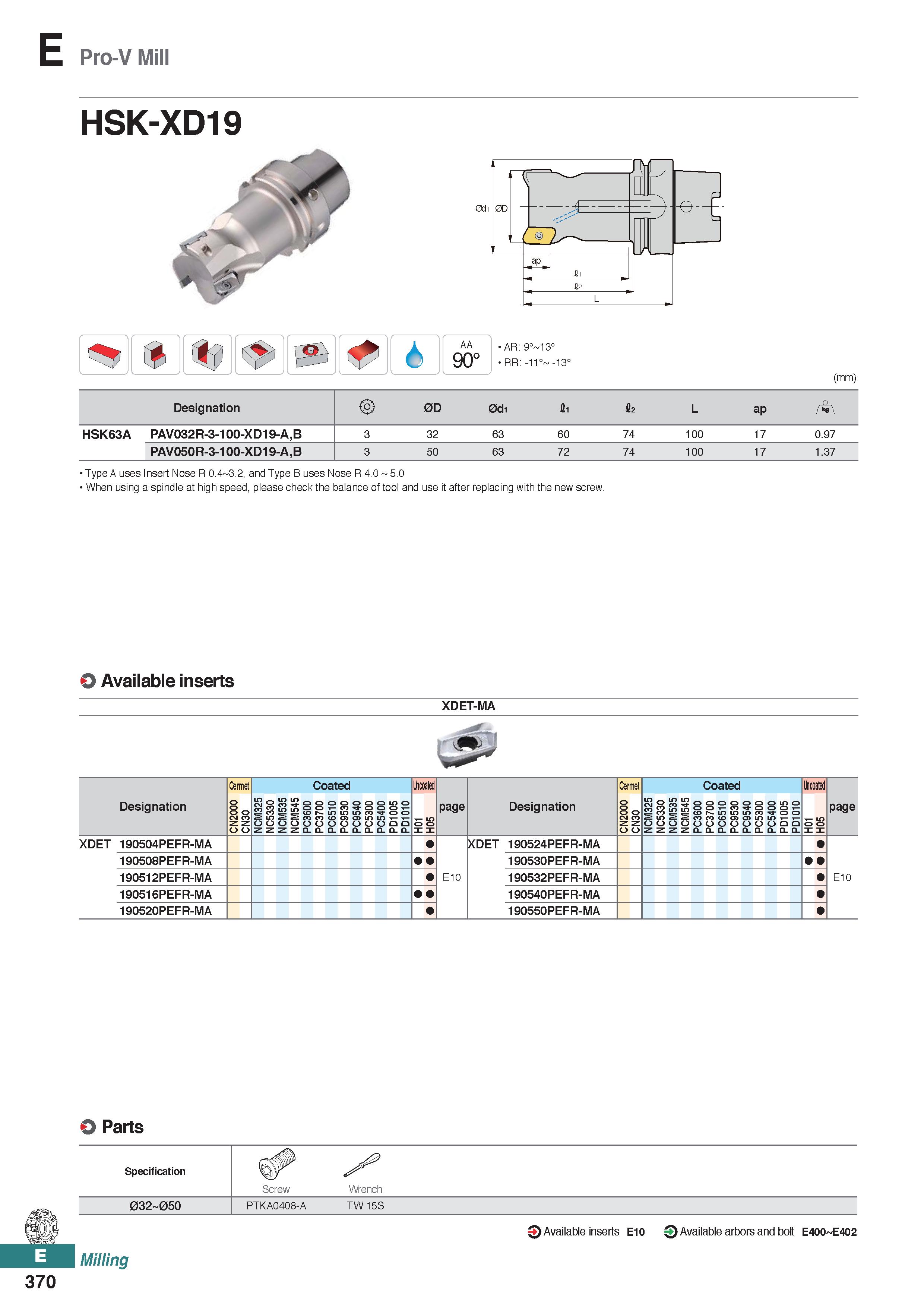 828 E Pro-V Mill HSK-XD19 R (mm) Designation 0D 0d1 I I2 L ap r i\ HSK63A PAV032R-3-100-XD19-A,B 3 32 63 60 74 100 17 0 97 PAV050R-3-100-XD19-A,B 3 5 Каталог KORLOY 2020 Режущий и вспомогательный инструмент для станков ЧПУ и универсальных Фрезы с СМП Сверла твердосплавные Резцы токарные Пластины сменные режущие Стр. E370