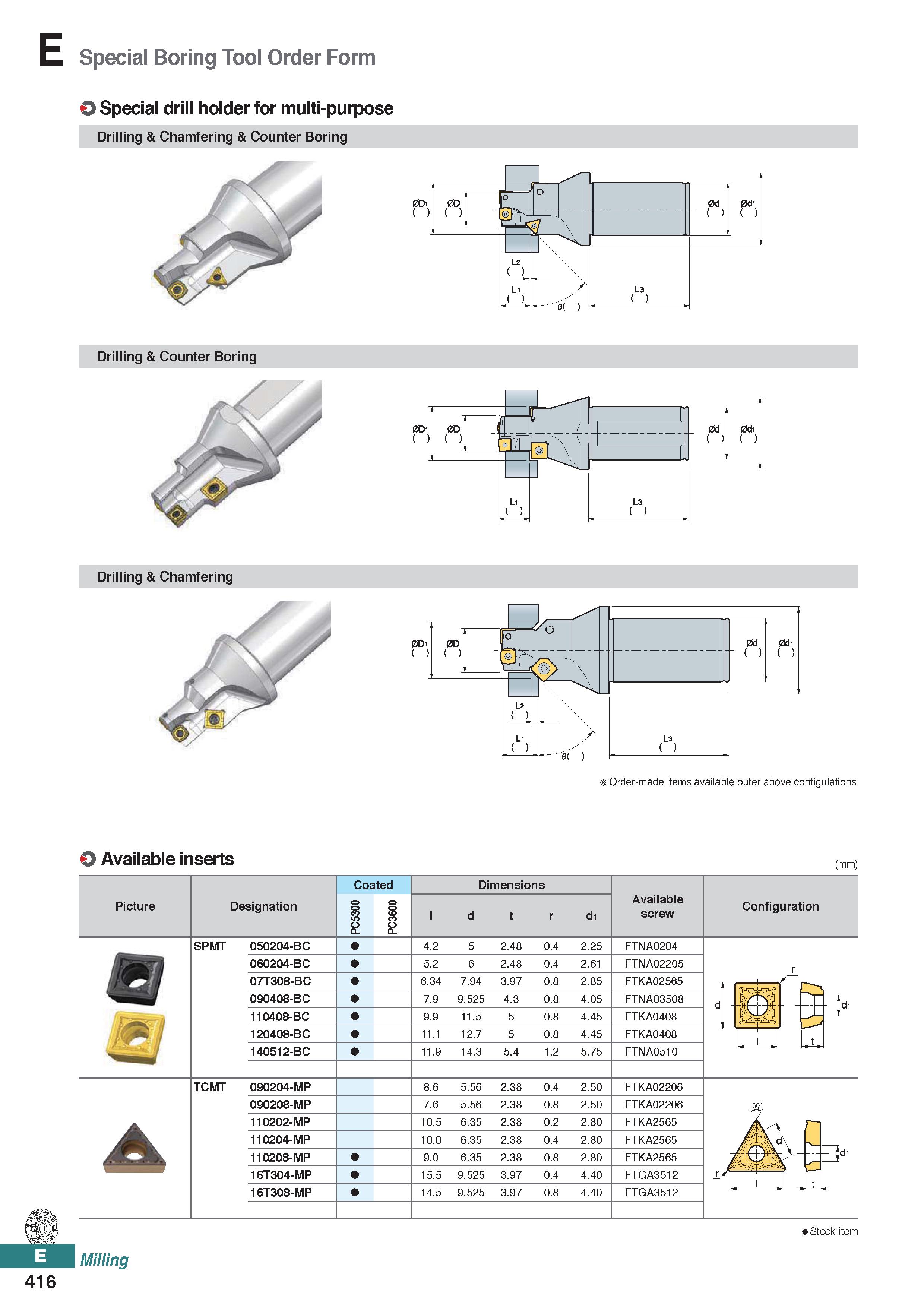 874 Special Boring Tool Order Form 9 Special drill holder for multi-purpose Drilling & Chamfering & Counter Boring Order-made items available outer a Каталог KORLOY 2020 Режущий и вспомогательный инструмент для станков ЧПУ и универсальных Фрезы с СМП Сверла твердосплавные Резцы токарные Пластины сменные режущие Стр. E416