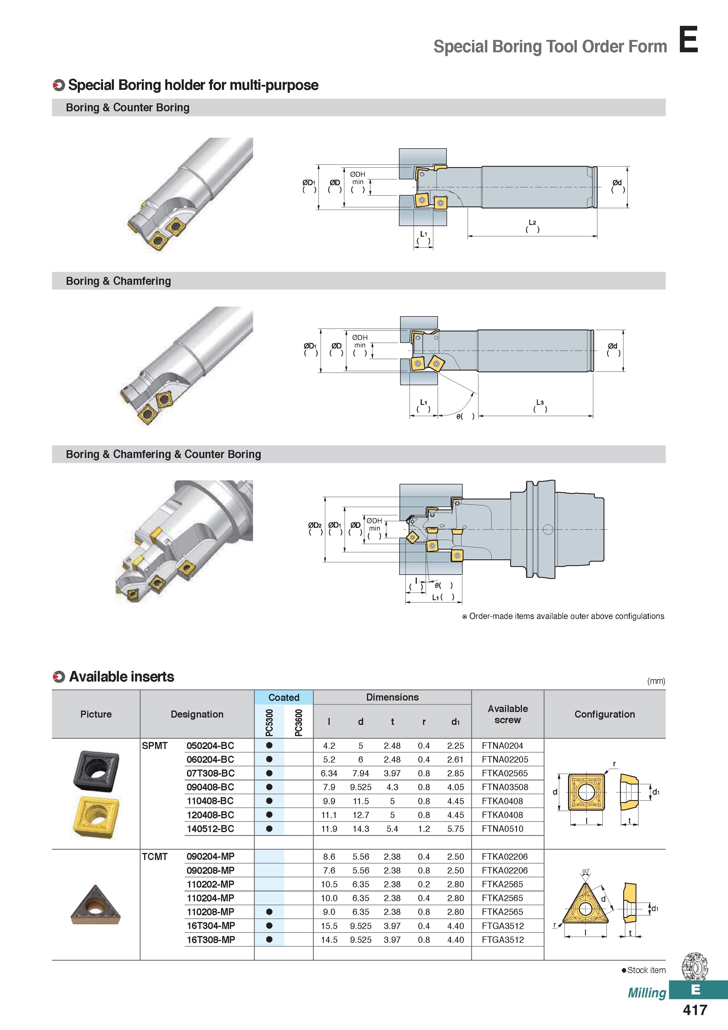 875 Special Boring Tool Order Form 0 Special Boring holder for multi-purpose Boring & Counter Boring Boring & Chamfering Boring & Chamfering & Counte Каталог KORLOY 2020 Режущий и вспомогательный инструмент для станков ЧПУ и универсальных Фрезы с СМП Сверла твердосплавные Резцы токарные Пластины сменные режущие Стр. E417