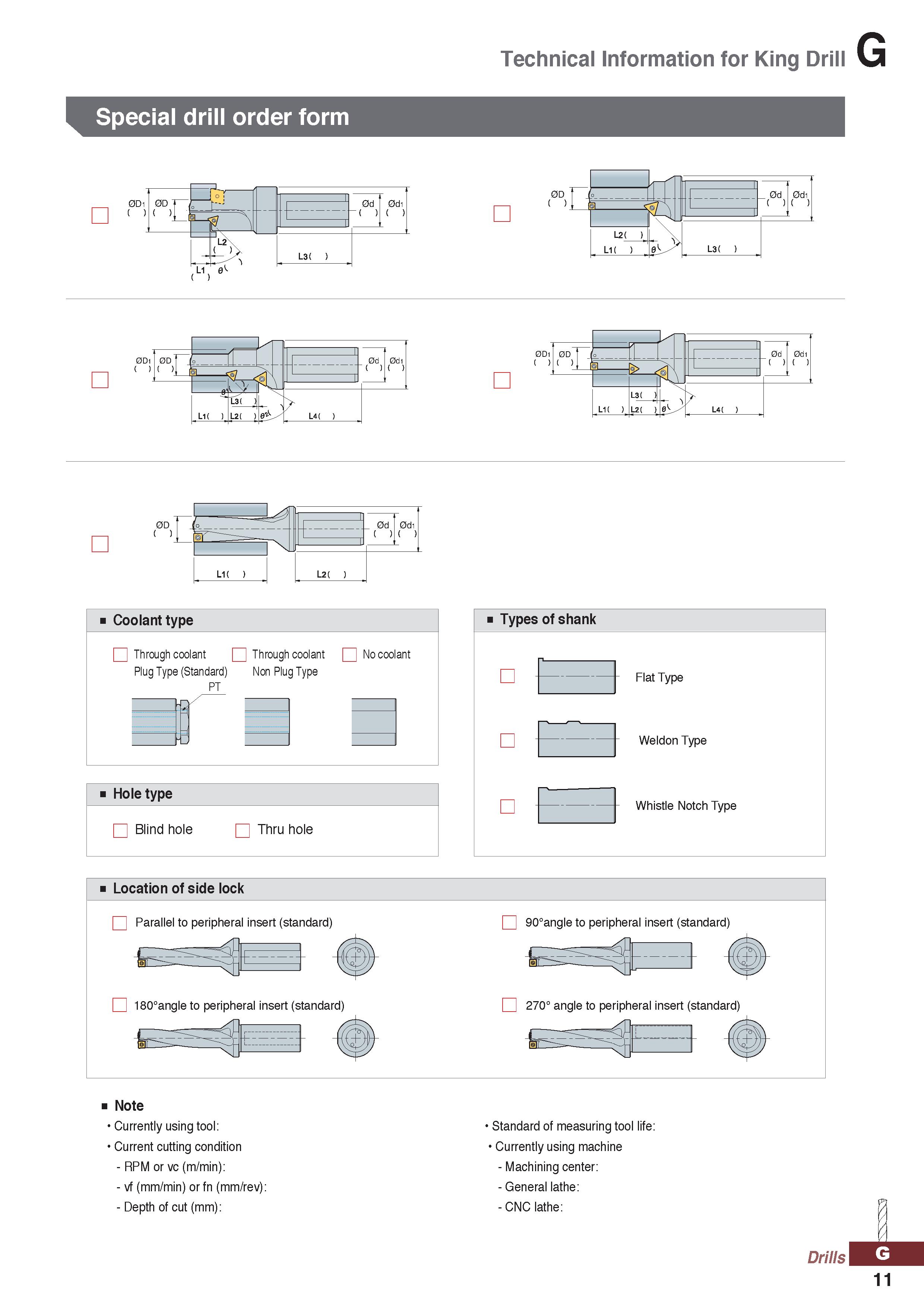 1011 Technical Information for King Drill Special drill order form 0D ( ) 0D1 0D ( ) ( ) 0d 0di ( ) ) > ”1 I 1 0d 0di ) p > ( ) r- \ L1( ) L3( ) L2( y Каталог KORLOY 2020 Режущий и вспомогательный инструмент для станков ЧПУ и универсальных Фрезы с СМП Сверла твердосплавные Резцы токарные Пластины сменные режущие Стр. G11