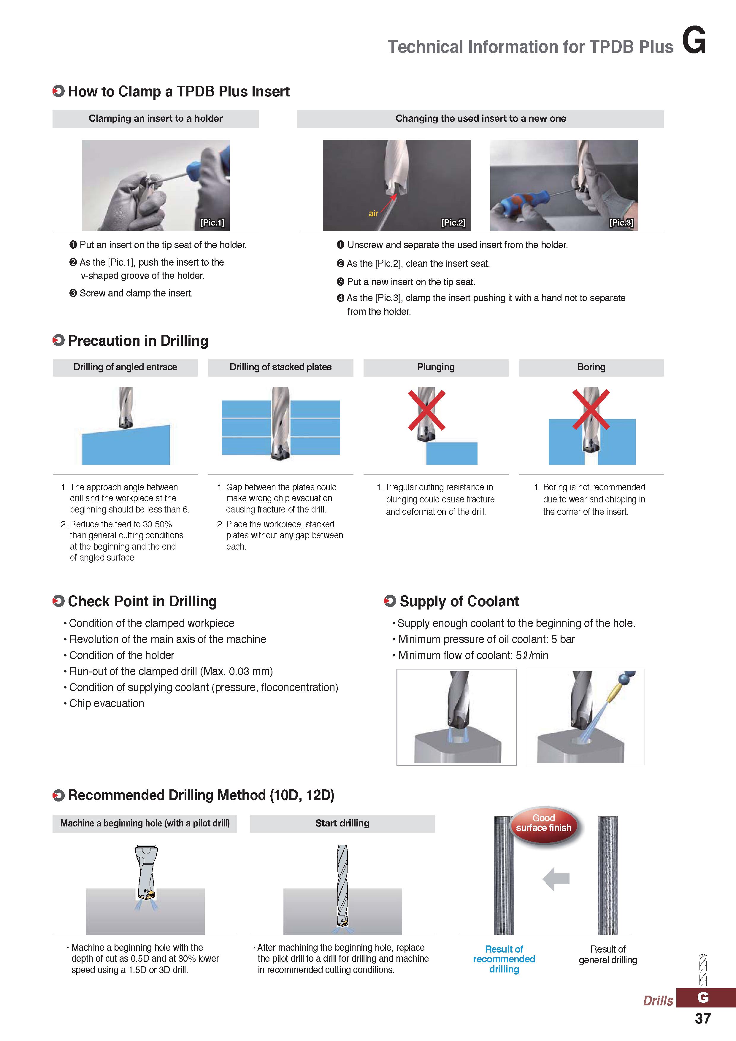 1037 O How to Clamp a TPDB Plus Insert Clamping an insert to a holder O Put an insert on the tip seat of the holder As the Pic 1 , push the insert to Каталог KORLOY 2020 Режущий и вспомогательный инструмент для станков ЧПУ и универсальных Фрезы с СМП Сверла твердосплавные Резцы токарные Пластины сменные режущие Стр. G37