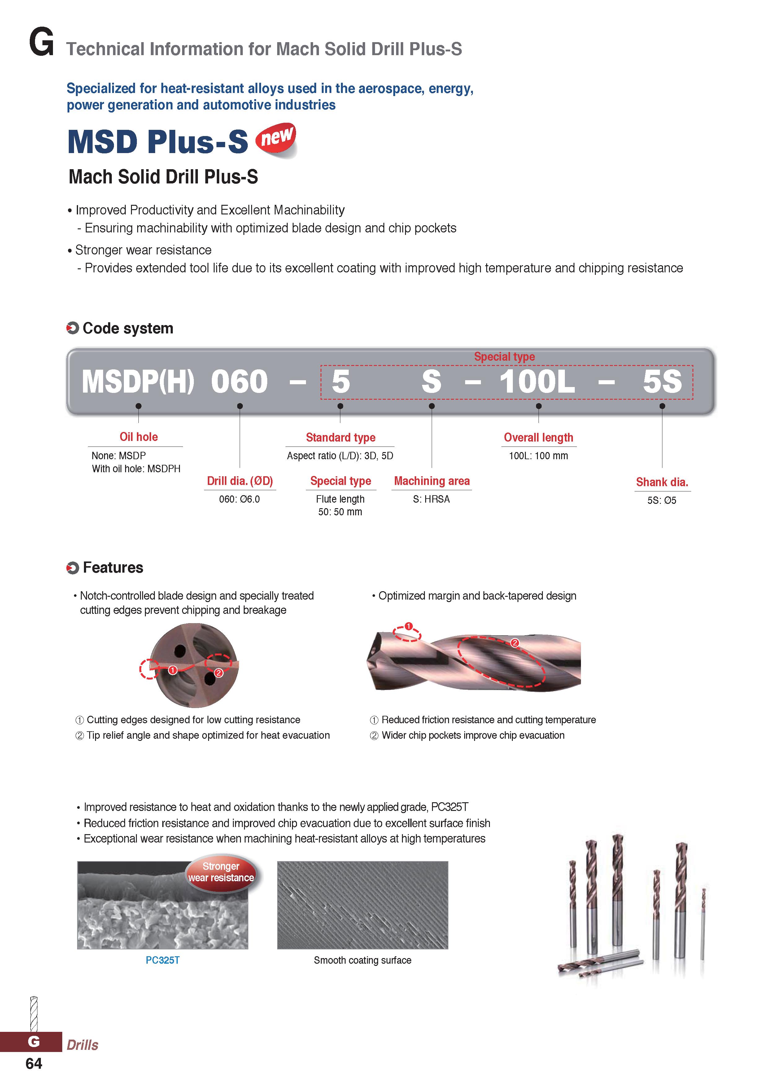 1064 G Technical Information for Mach Solid Drill Plus-S Specialized for heat-resistant alloys used in the aerospace, energy, power generation and aut Каталог KORLOY 2020 Режущий и вспомогательный инструмент для станков ЧПУ и универсальных Фрезы с СМП Сверла твердосплавные Резцы токарные Пластины сменные режущие Стр. G64