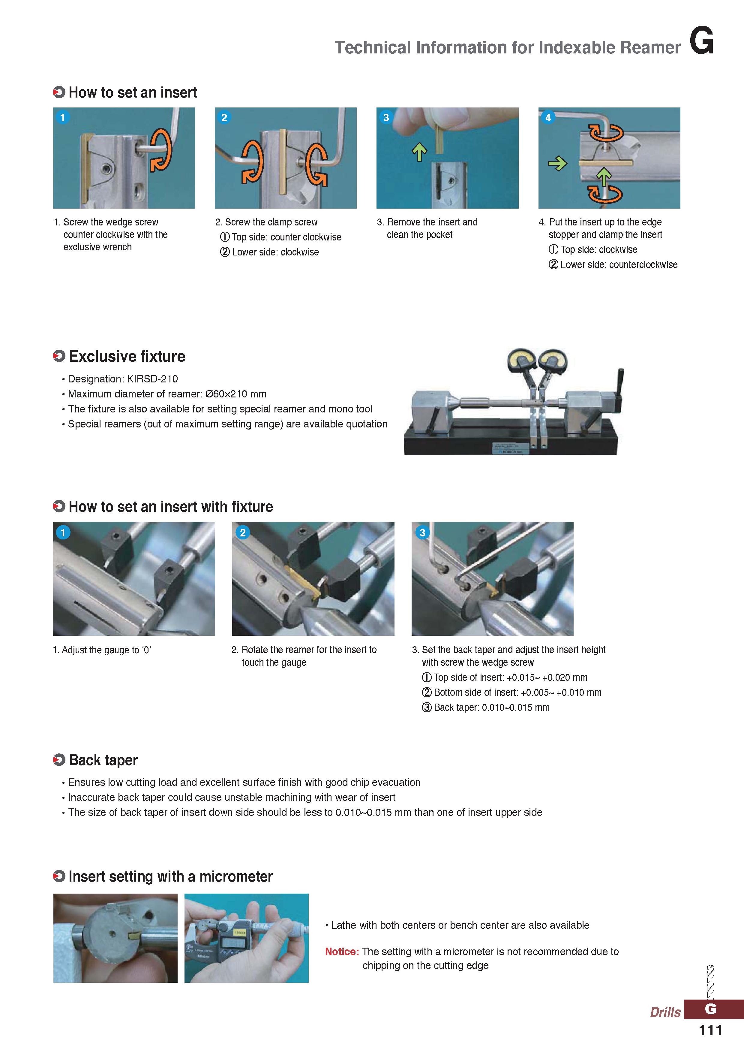 1111 Technical Information for Indexable Reamer O How to set an insert 1 Screw the wedge screw counter clockwise with the exclusive wrench 2 Screw the Каталог KORLOY 2020 Режущий и вспомогательный инструмент для станков ЧПУ и универсальных Фрезы с СМП Сверла твердосплавные Резцы токарные Пластины сменные режущие Стр. G111