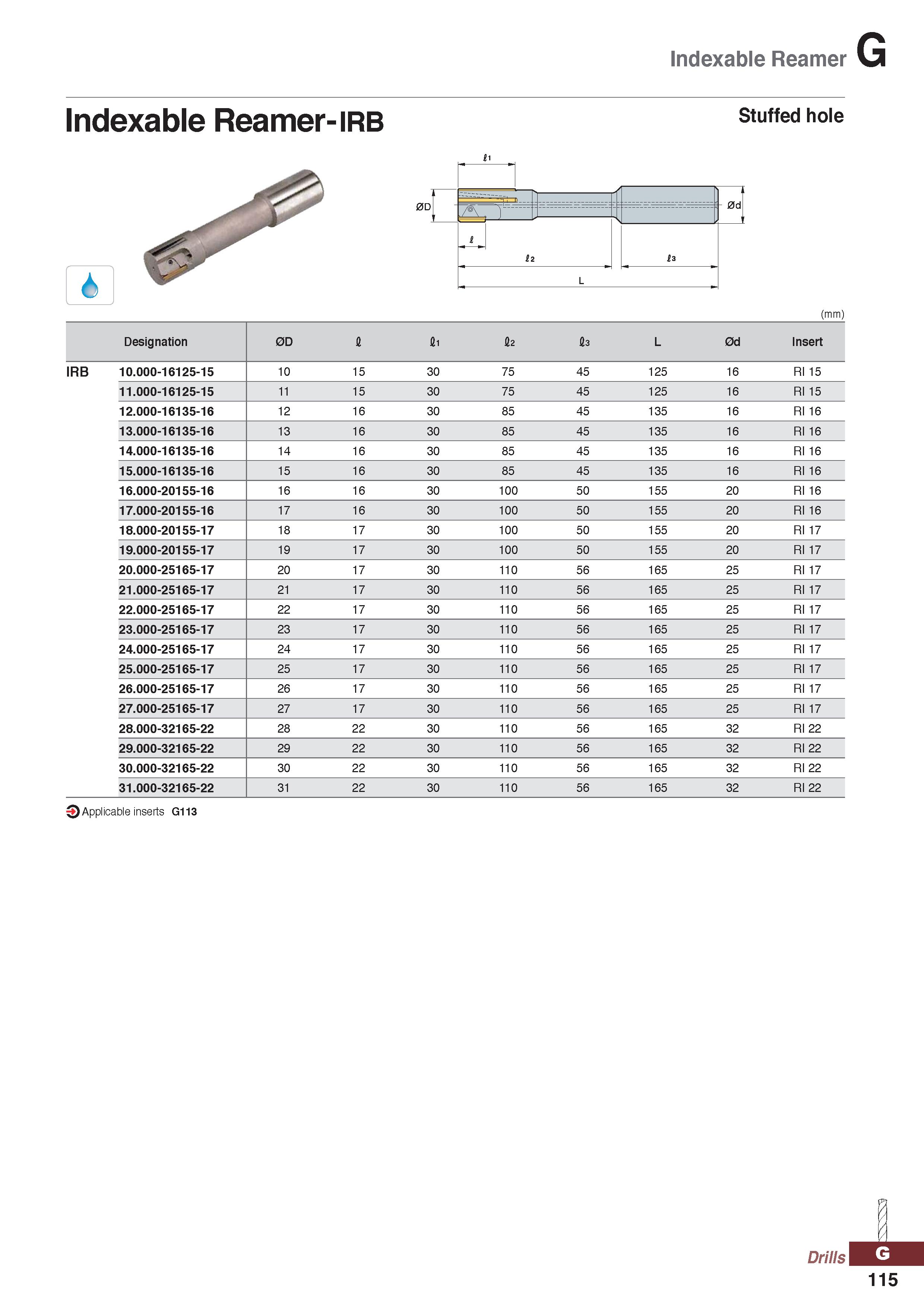 1115 Indexable Reamer Indexable Reamer-irb Stuffed hole (mm) Designation 0D l li l2 l3 L 0d Insert IRB 10 000-16125-15 10 15 30 75 45 125 16 RI 15 11 Каталог KORLOY 2020 Режущий и вспомогательный инструмент для станков ЧПУ и универсальных Фрезы с СМП Сверла твердосплавные Резцы токарные Пластины сменные режущие Стр. G115