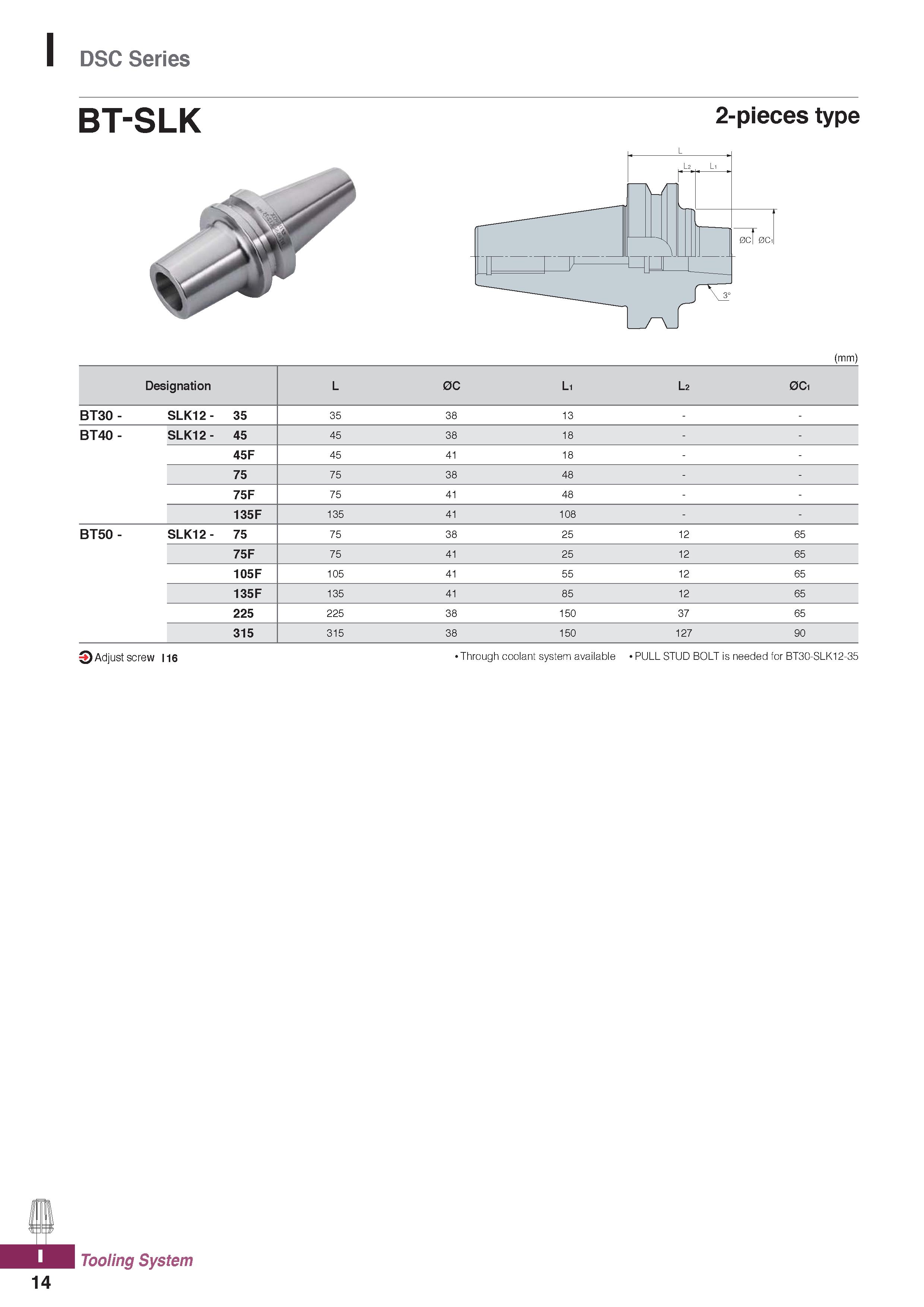 1152 DSC Series bt-slk 2-pieces type (mm) 0 Adjust screw I 16 Through coolant system available PULL STUD BOLT is needed for BT30-SLK12-35 Tooling Syst Каталог KORLOY 2020 Режущий и вспомогательный инструмент для станков ЧПУ и универсальных Фрезы с СМП Сверла твердосплавные Резцы токарные Пластины сменные режущие Стр. I14