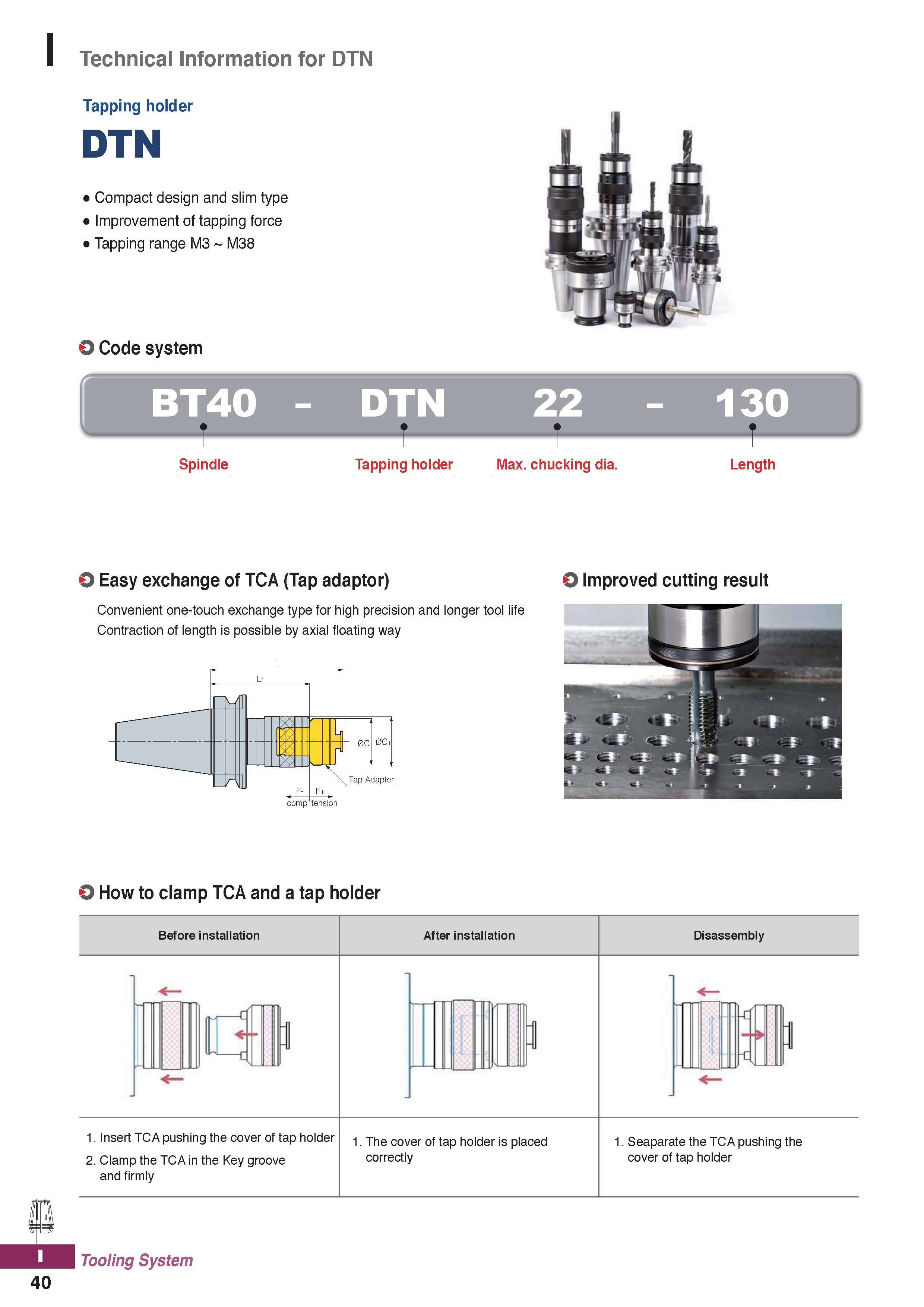 1178 Technical Information for DTN Tapping holder DTN Compact design and slim type Improvement of tapping force Tapping range M3 M38 O Code system r,- Каталог KORLOY 2020 Режущий и вспомогательный инструмент для станков ЧПУ и универсальных Фрезы с СМП Сверла твердосплавные Резцы токарные Пластины сменные режущие Стр. I40