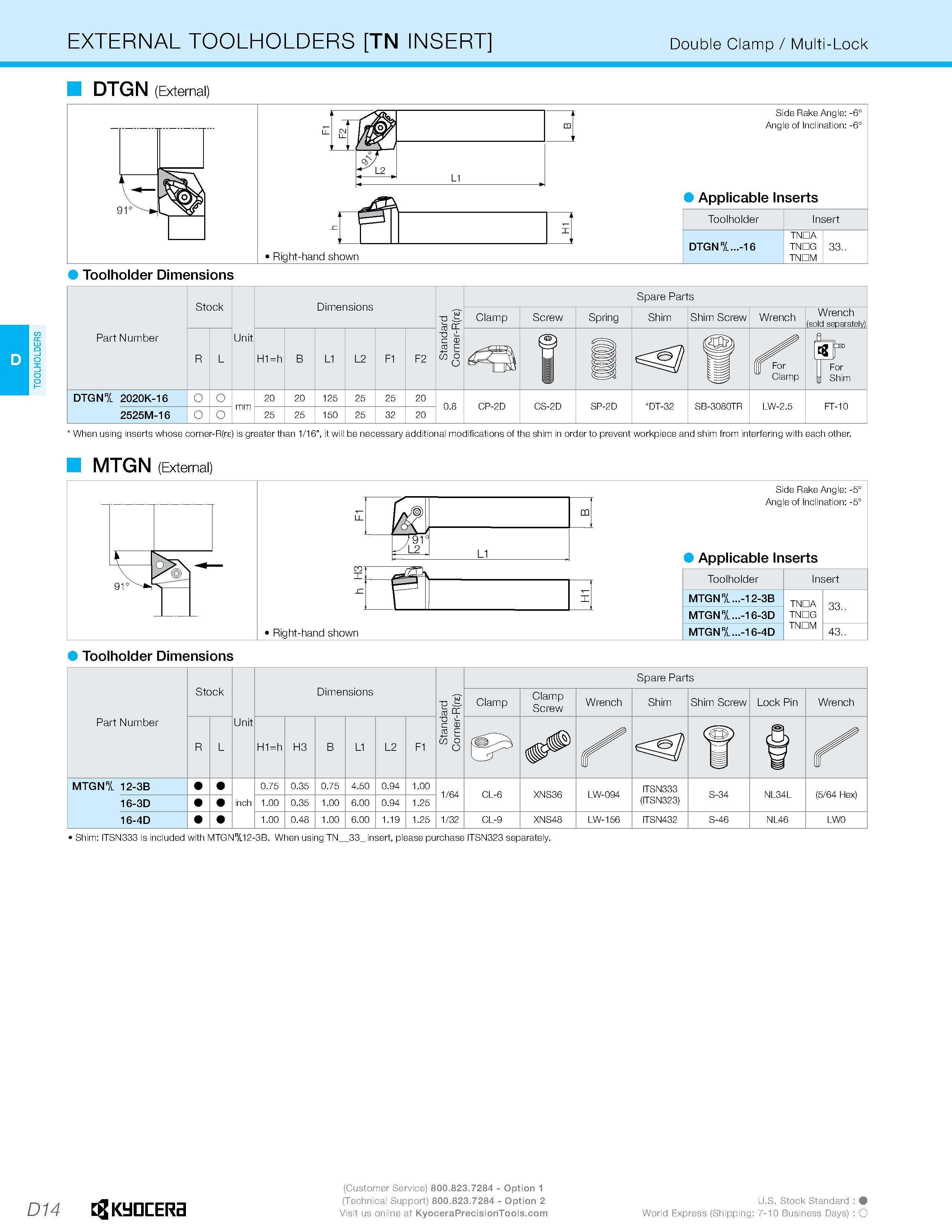 176 TOOLHOLDERS EXTERNAL TOOLHOLDERS TN INSERT Double Clamp / Multi-Lock DTGN (External) Side Rake Angle: -6° Angle of Inclination: -6° Applicable In Каталог KYOCERA 2016 Металлорежущий инструмент для токарной обработки на станках Резцы и державки с твердосплавными сменными режущими пластинами Точение Отрезка Резьбонарезание Стр. D14
