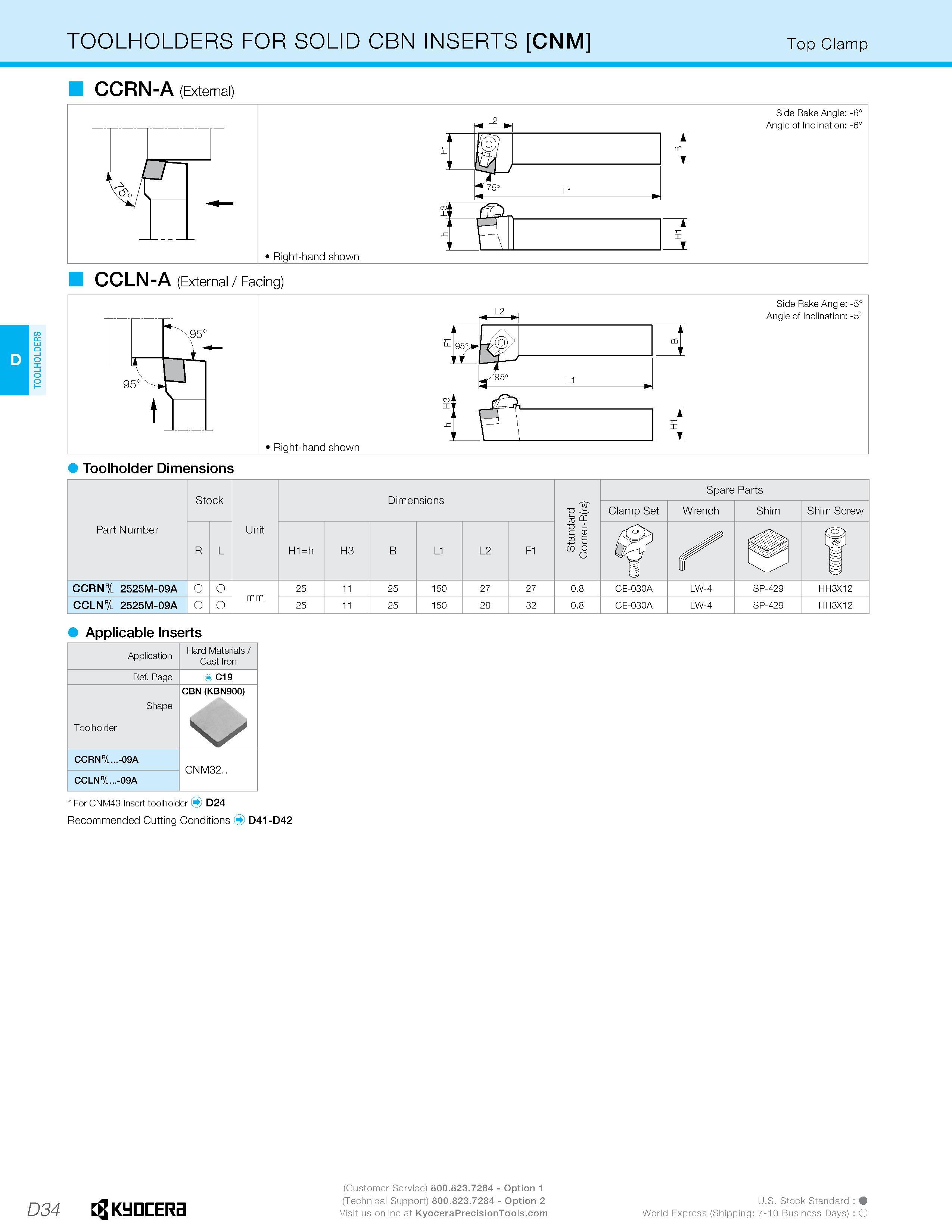 196 TOOLHOLDERS TOOLHOLDERS FOR SOLID CBN INSERTS CNM Top Clamp CCRN-A (External) CCLN-A (External / Facing) 1 Side Rake Angle: -5 Angle of Inclinati Каталог KYOCERA 2016 Металлорежущий инструмент для токарной обработки на станках Резцы и державки с твердосплавными сменными режущими пластинами Точение Отрезка Резьбонарезание Стр. D34