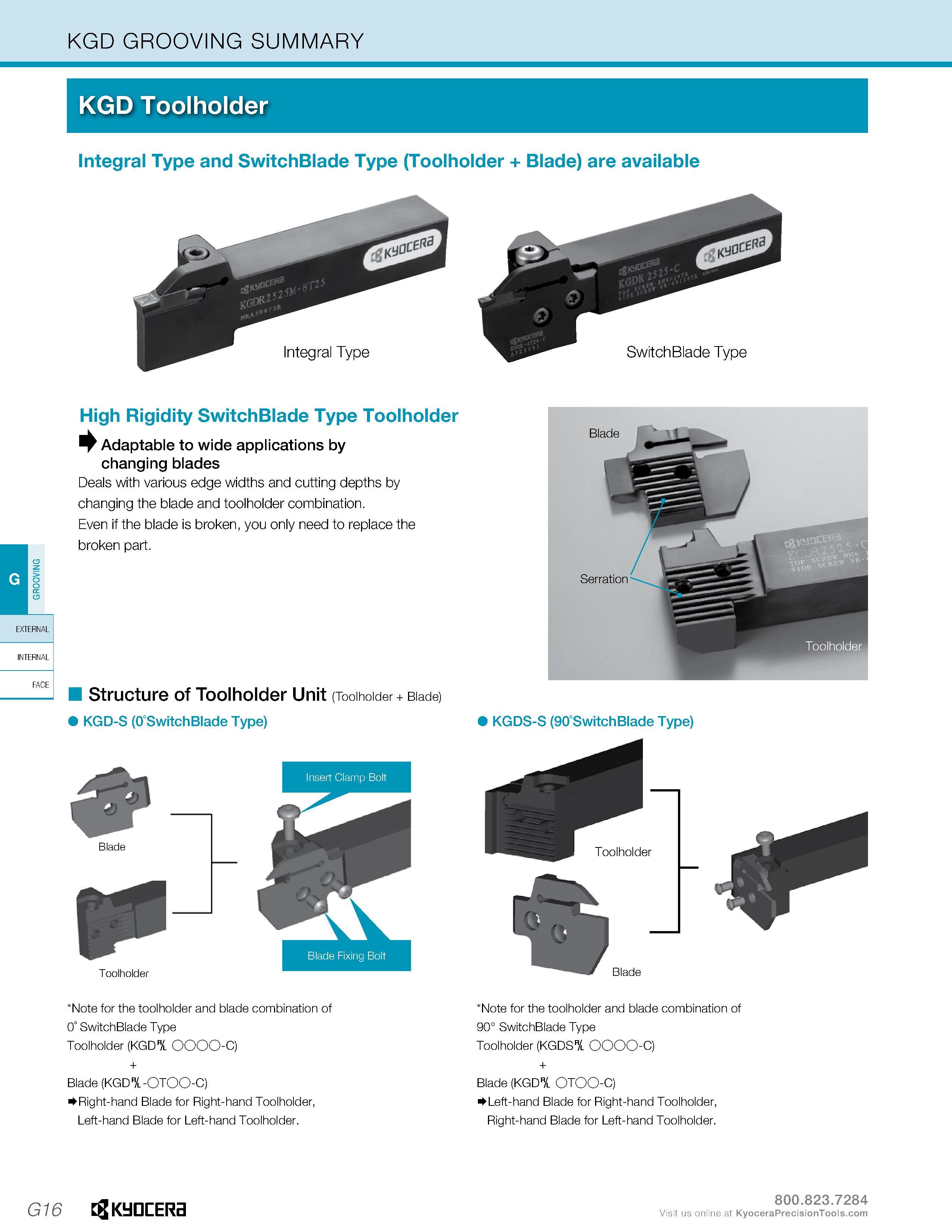 376 KGD GROOVING SUMMARY KGD Toolholder Integral Type and SwitchBlade Type (Toolholder + Blade) are available igggSSV SwitchBlade Type High Rigidity Каталог KYOCERA 2016 Металлорежущий инструмент для токарной обработки на станках Резцы и державки с твердосплавными сменными режущими пластинами Точение Отрезка Резьбонарезание Стр. G16