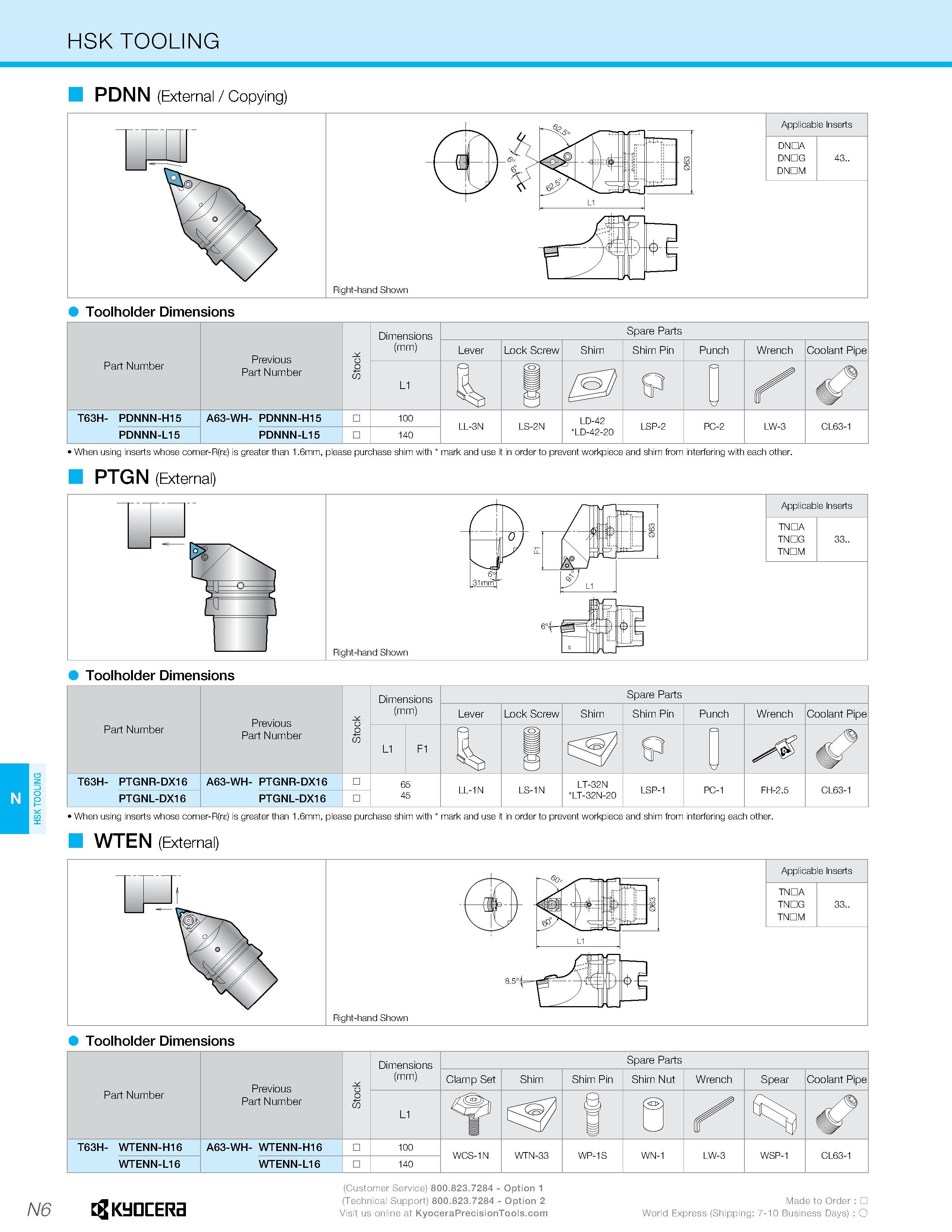 584 HSK TOOLING HSK TOOLING PDNN (External / Copying) Toolholder Dimensions When using inserts whose comer-R(re) is greater than 1 6mm, please purcha Каталог KYOCERA 2016 Металлорежущий инструмент для токарной обработки на станках Резцы и державки с твердосплавными сменными режущими пластинами Точение Отрезка Резьбонарезание Стр. N6