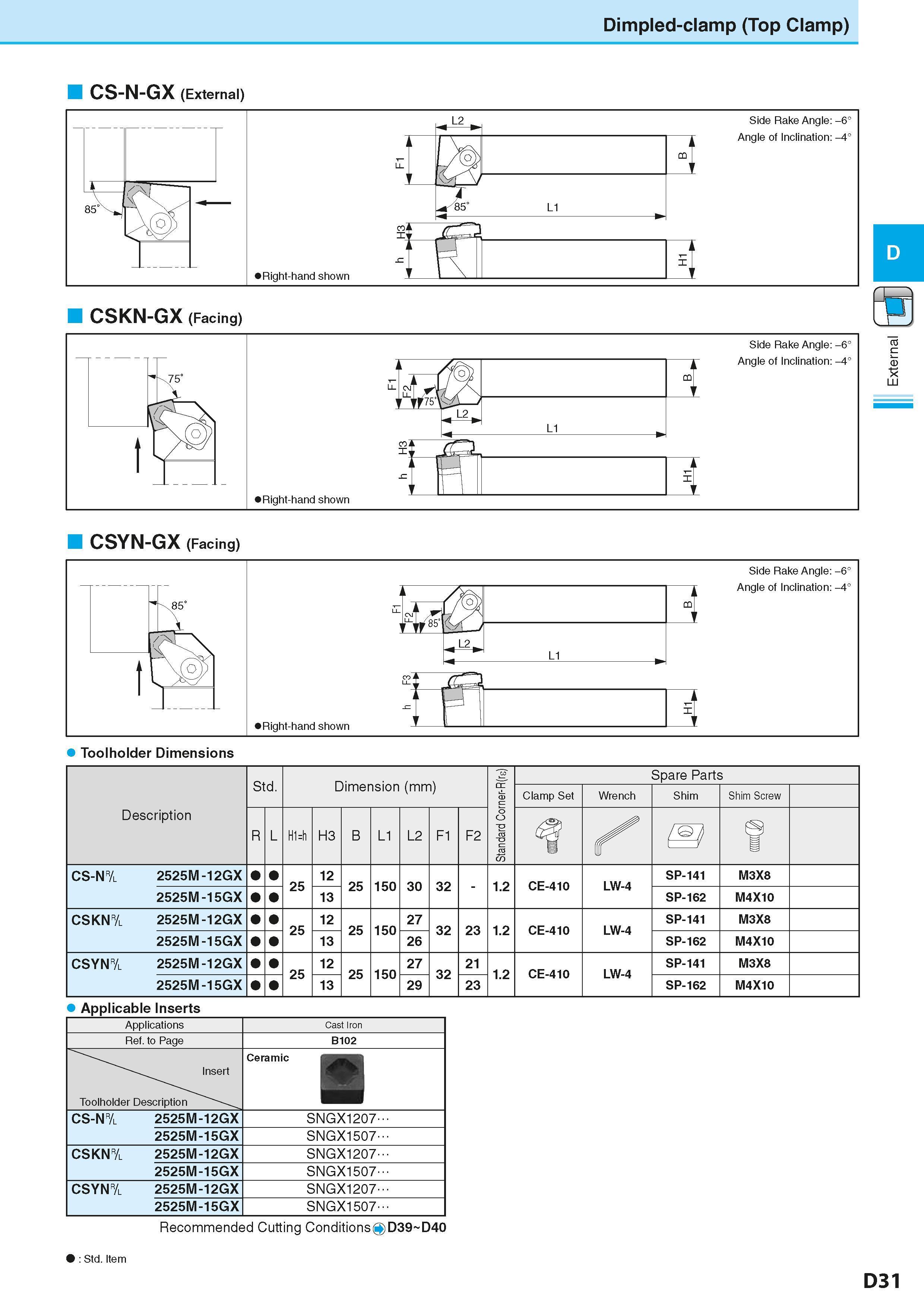 205 Dimpled-clamp (Top Clamp) CS-N-GX (External) CSKN-GX (Facing) fl LU D CSYN-GX (Facing) Toolholder Dimensions Description Обозначение инструмента Каталог KYOCERA 2016 Металлорежущий станочный инструмент Сменные режущие пластины Токарные резцы Расточные державки Фрезы с СРП и твердосплавные Сборные сверла Стр. D31