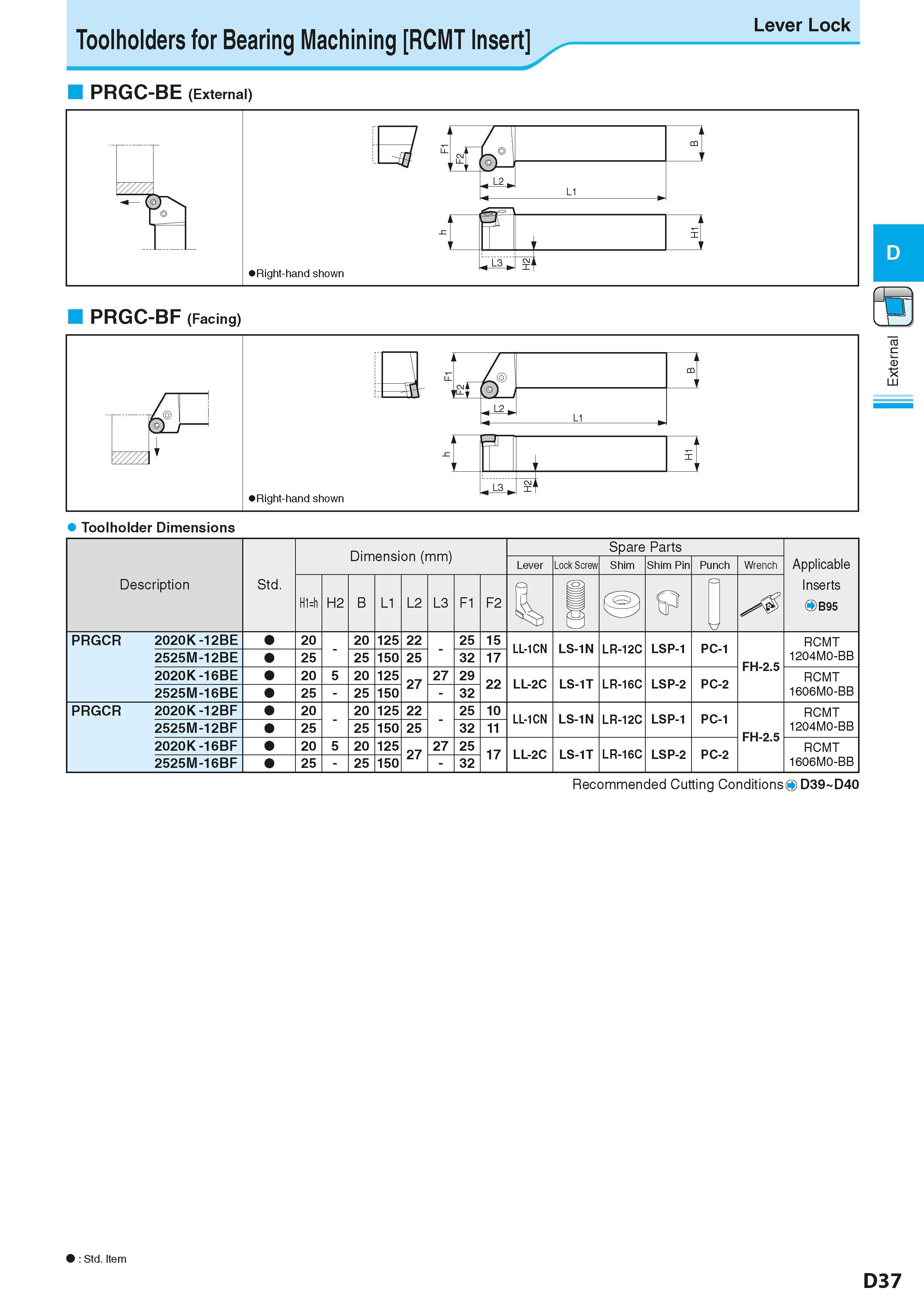 211 Toolholders for Bearing Machining RCMT Insert Lever Lock PRGC-BE (External) Toolholder Dimensions Description Обозначение инструмента для заказа Каталог KYOCERA 2016 Металлорежущий станочный инструмент Сменные режущие пластины Токарные резцы Расточные державки Фрезы с СРП и твердосплавные Сборные сверла Стр. D37