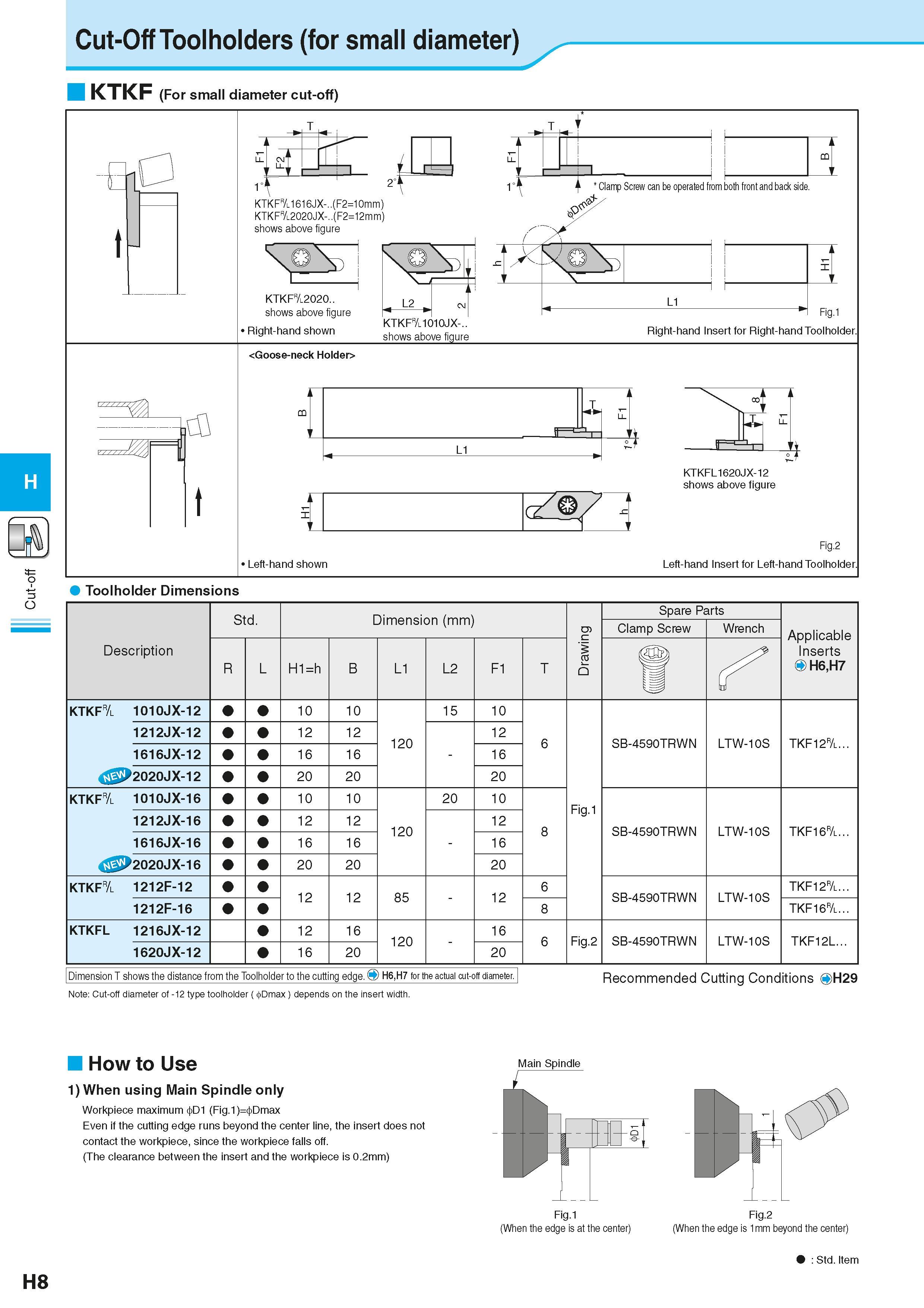 472 Cut-off Cut-Off Toolholders (for small diameter) KTKF (For small diameter cut-off) H Toolholder Dimensions Description Обозначение инструмента дл Каталог KYOCERA 2016 Металлорежущий станочный инструмент Сменные режущие пластины Токарные резцы Расточные державки Фрезы с СРП и твердосплавные Сборные сверла Стр. H8