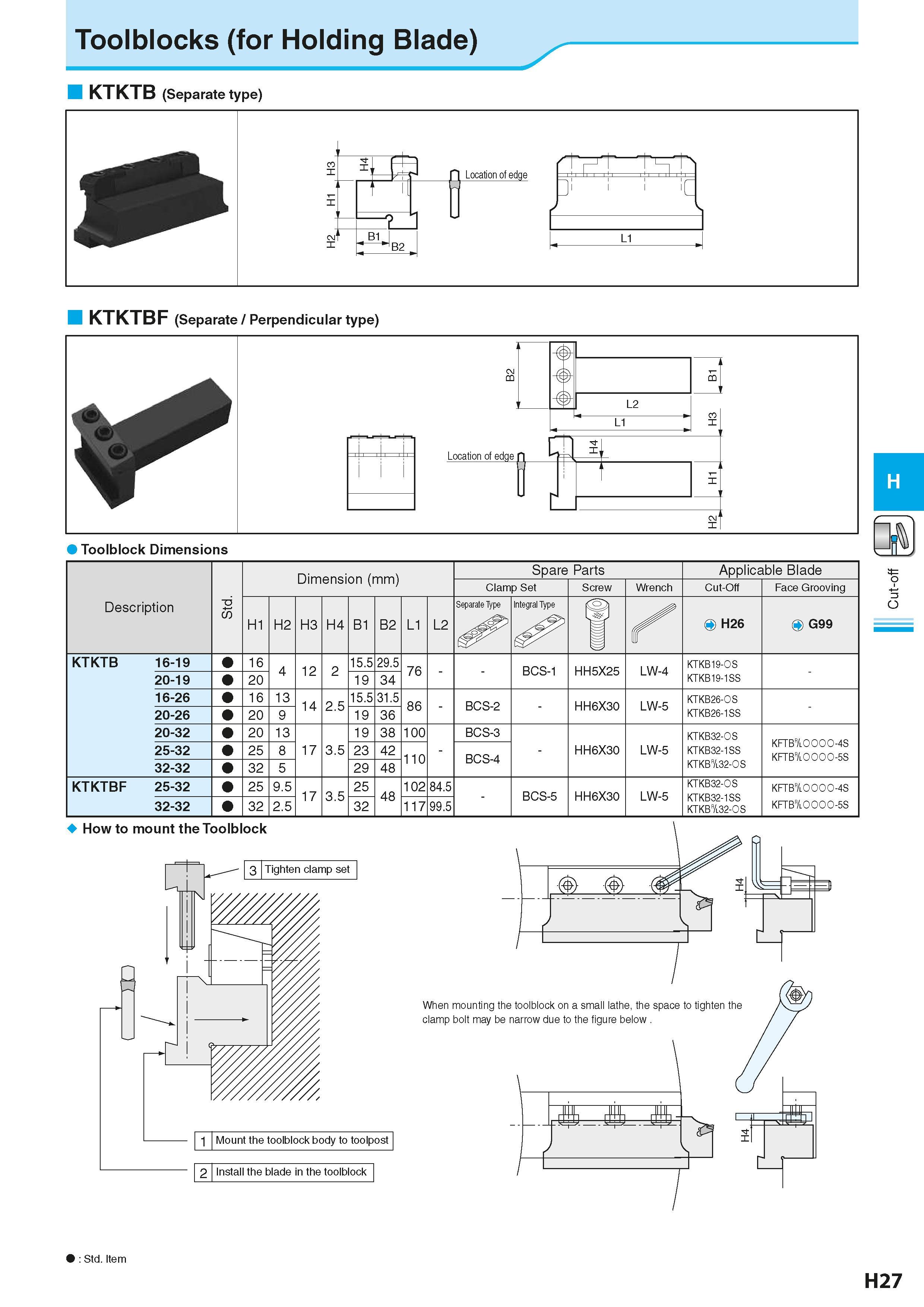 491 Toolblocks (for Holding Blade) KTKTB (Separate type) KTKTBF (Separate / Perpendicular type) Description td St Dimension (mm) Размеры инструмента Каталог KYOCERA 2016 Металлорежущий станочный инструмент Сменные режущие пластины Токарные резцы Расточные державки Фрезы с СРП и твердосплавные Сборные сверла Стр. H27