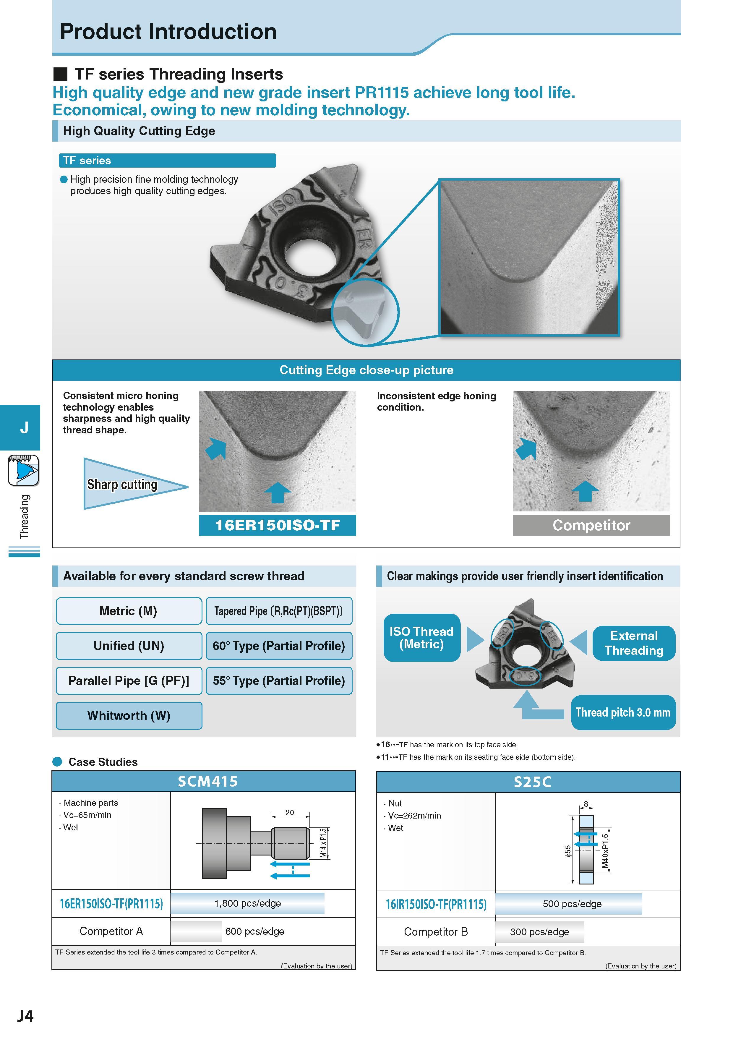 498 Threading Product Introduction TF series Threading Inserts High quality edge and new grade insert PR1115 achieve long tool life Economical, owing Каталог KYOCERA 2016 Металлорежущий станочный инструмент Сменные режущие пластины Токарные резцы Расточные державки Фрезы с СРП и твердосплавные Сборные сверла Стр. J4