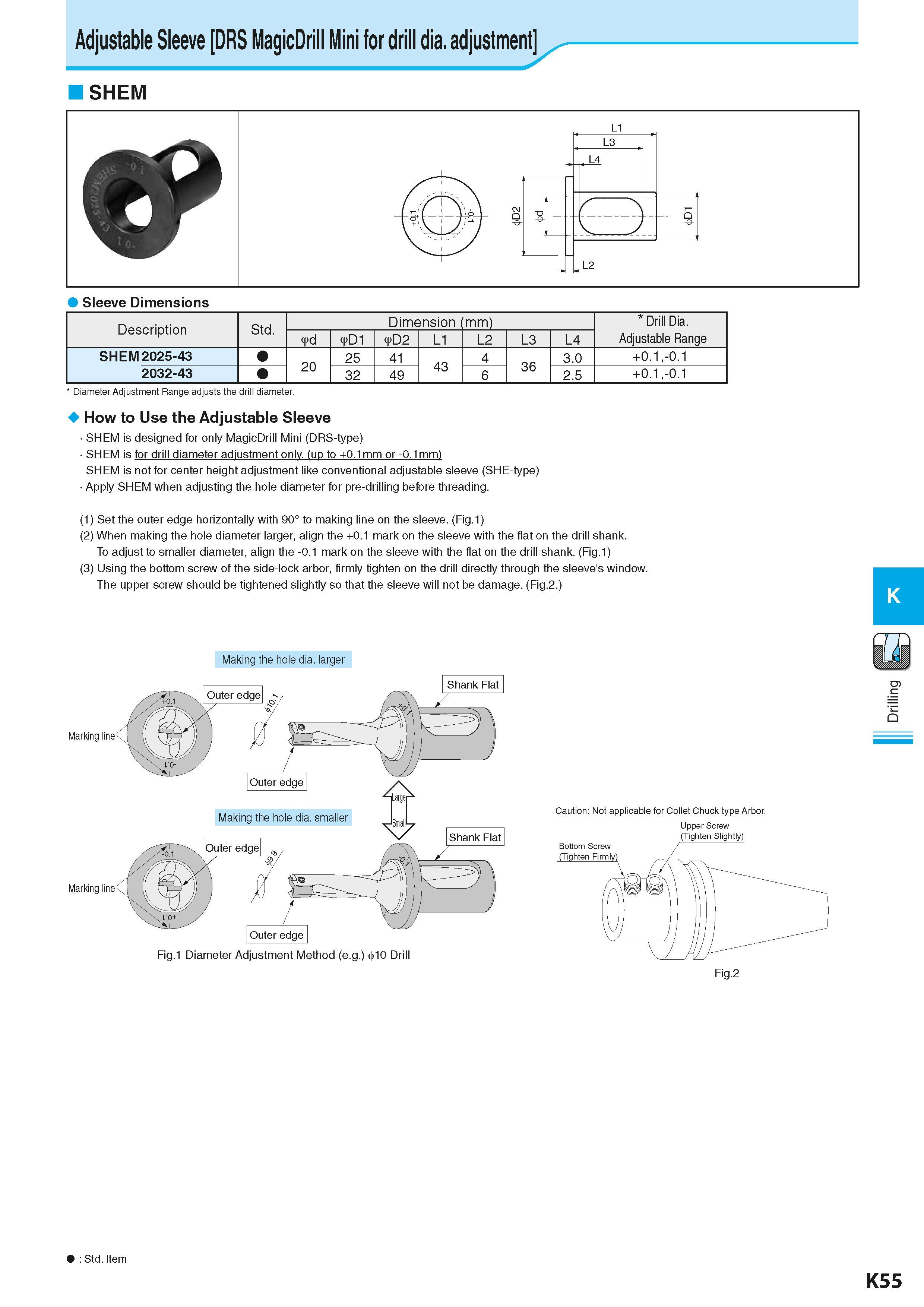 597 Adjustable Sleeve DRS MagicDrill Mini for drill dia adjustment SHEM Sleeve Dimensions Description Обозначение инструмента для заказа Std Dimensio Каталог KYOCERA 2016 Металлорежущий станочный инструмент Сменные режущие пластины Токарные резцы Расточные державки Фрезы с СРП и твердосплавные Сборные сверла Стр. K55