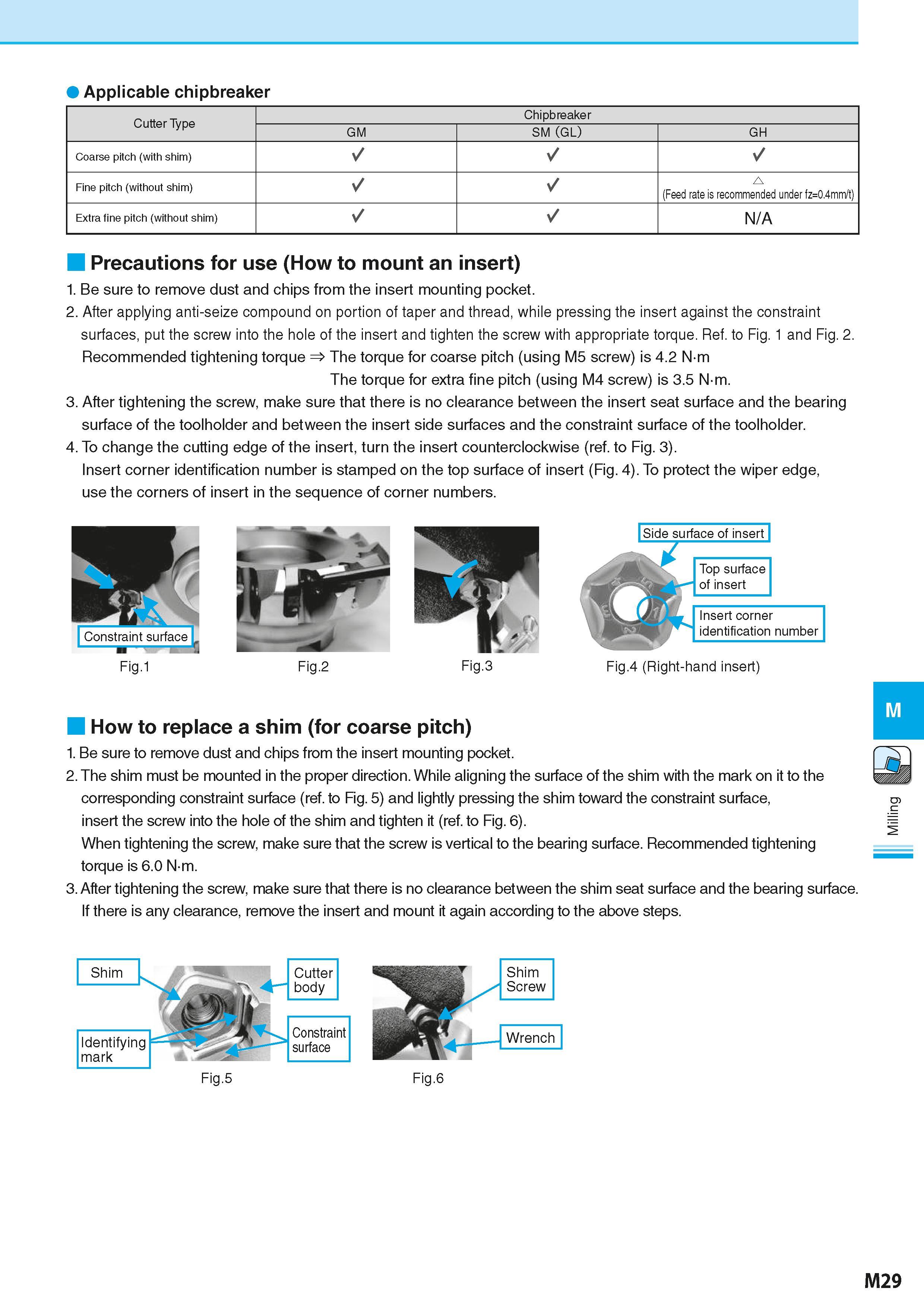 715 Applicable chipbreaker Cutter Type Chipbreaker GM SM (GL) GH Coarse pitch (with shim) Fine pitch (without shim) (Feed rate is recommended under f Каталог KYOCERA 2016 Металлорежущий станочный инструмент Сменные режущие пластины Токарные резцы Расточные державки Фрезы с СРП и твердосплавные Сборные сверла Стр. M29