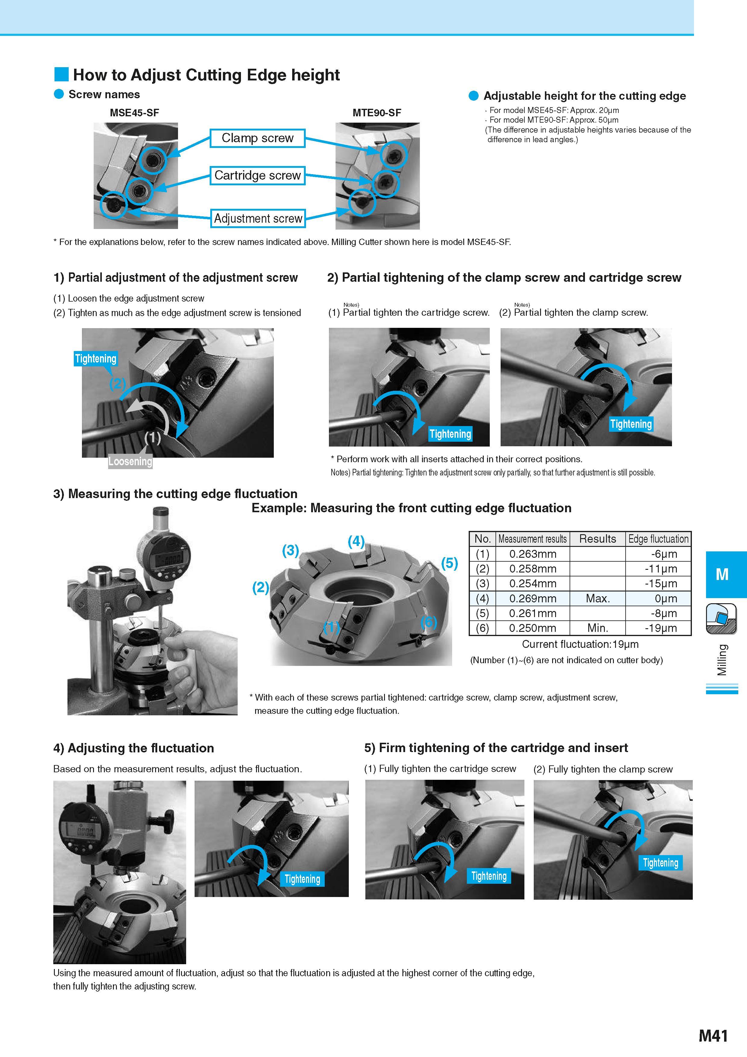 727 How to Adjust Cutting Edge height Screw names MSE45-SF MTE90-SF Adjustable height for the cutting edge For model MSE45-SF: Approx 20pm For model Каталог KYOCERA 2016 Металлорежущий станочный инструмент Сменные режущие пластины Токарные резцы Расточные державки Фрезы с СРП и твердосплавные Сборные сверла Стр. M41