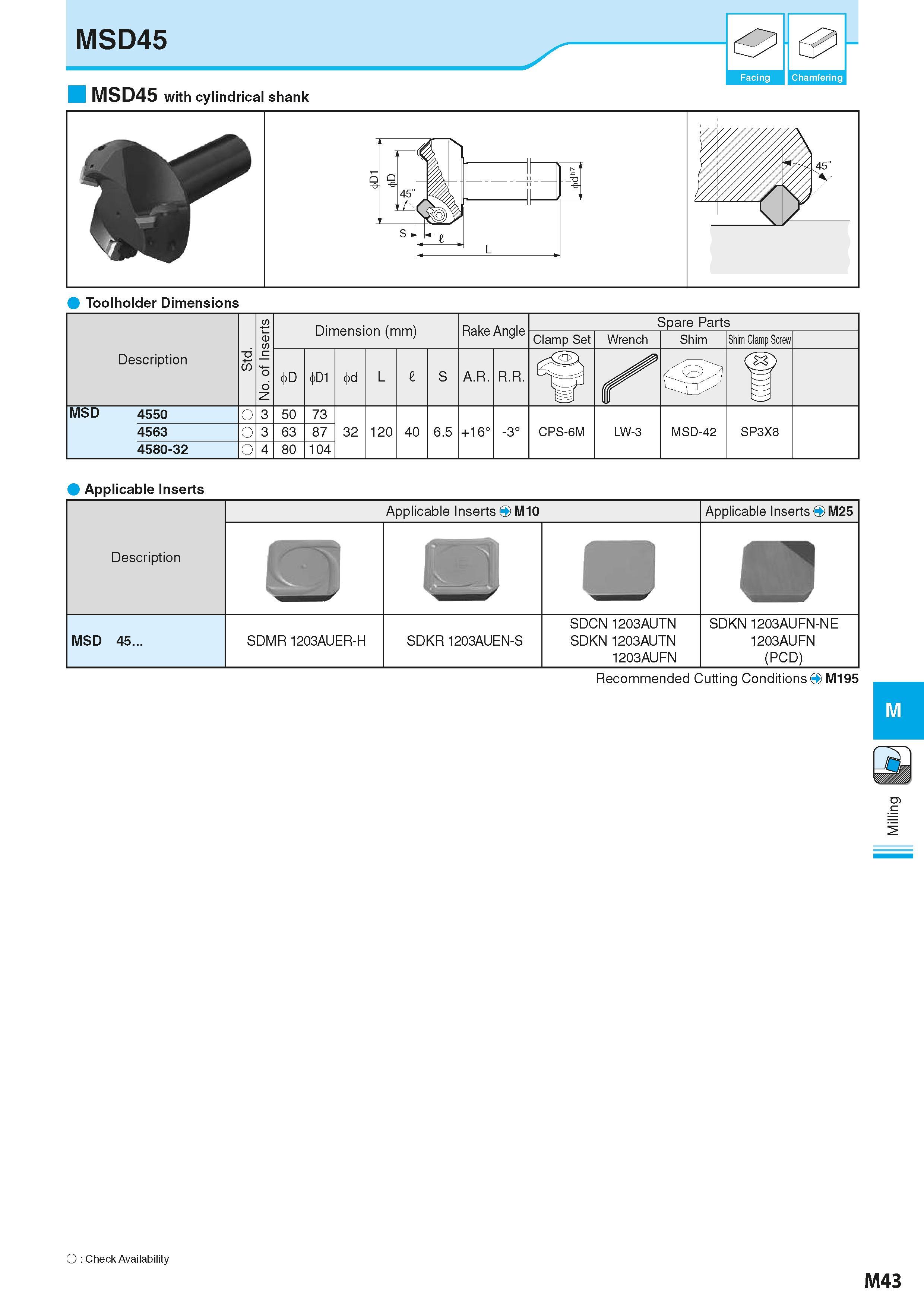 729 MSD45 OK Facing Chamfering MSD45 with cylindrical shank Applicable Inserts Description Applicable Inserts O M10 Applicable Inserts O M25 9 m 0 MS Каталог KYOCERA 2016 Металлорежущий станочный инструмент Сменные режущие пластины Токарные резцы Расточные державки Фрезы с СРП и твердосплавные Сборные сверла Стр. M43