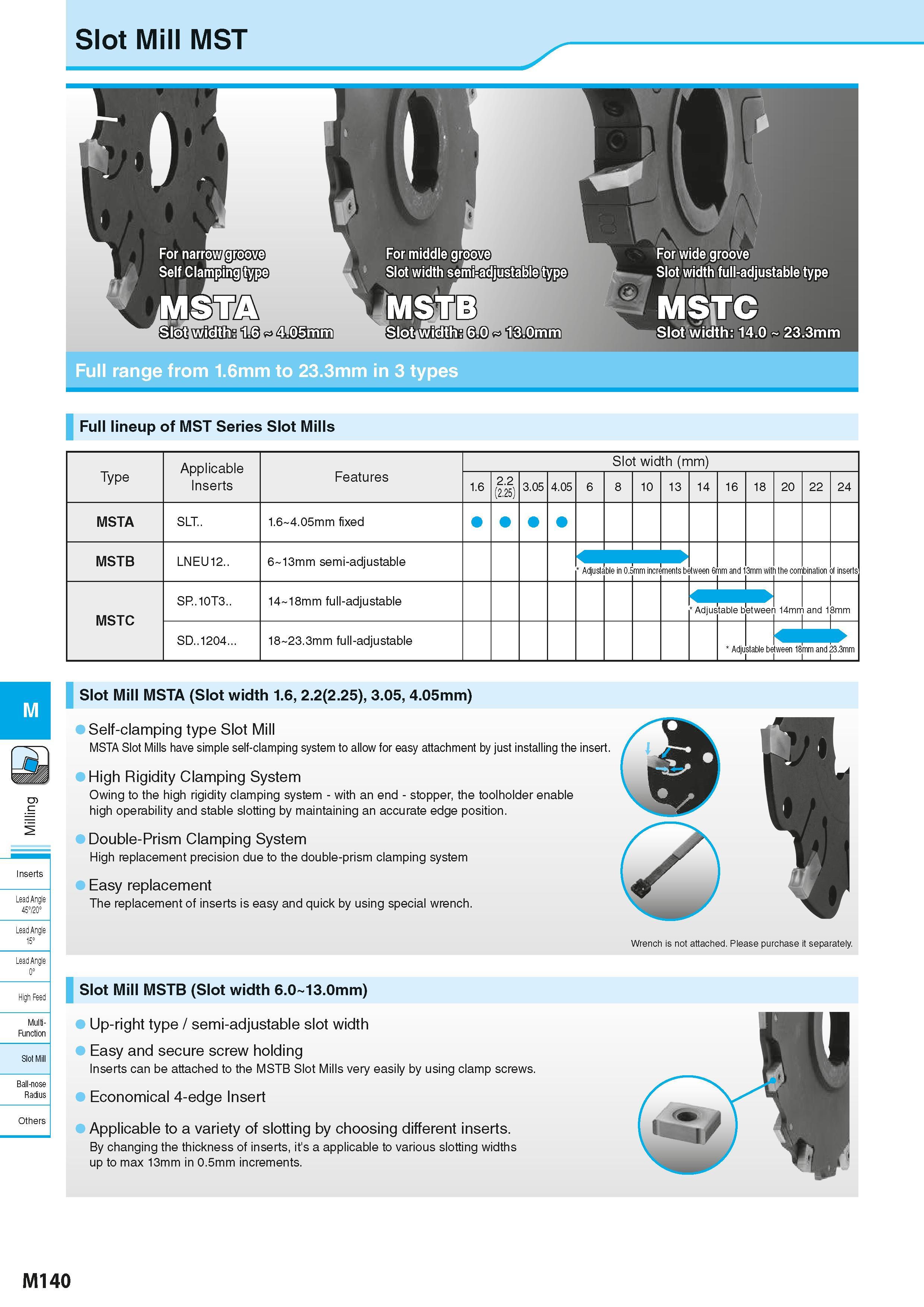 826 Slot Mill MST Full range from 1 6mm to 23 3mm in 3 types Full lineup of MST Series Slot Mills Type Applicable Inserts Features Slot width (mm) 1 Каталог KYOCERA 2016 Металлорежущий станочный инструмент Сменные режущие пластины Токарные резцы Расточные державки Фрезы с СРП и твердосплавные Сборные сверла Стр. M140