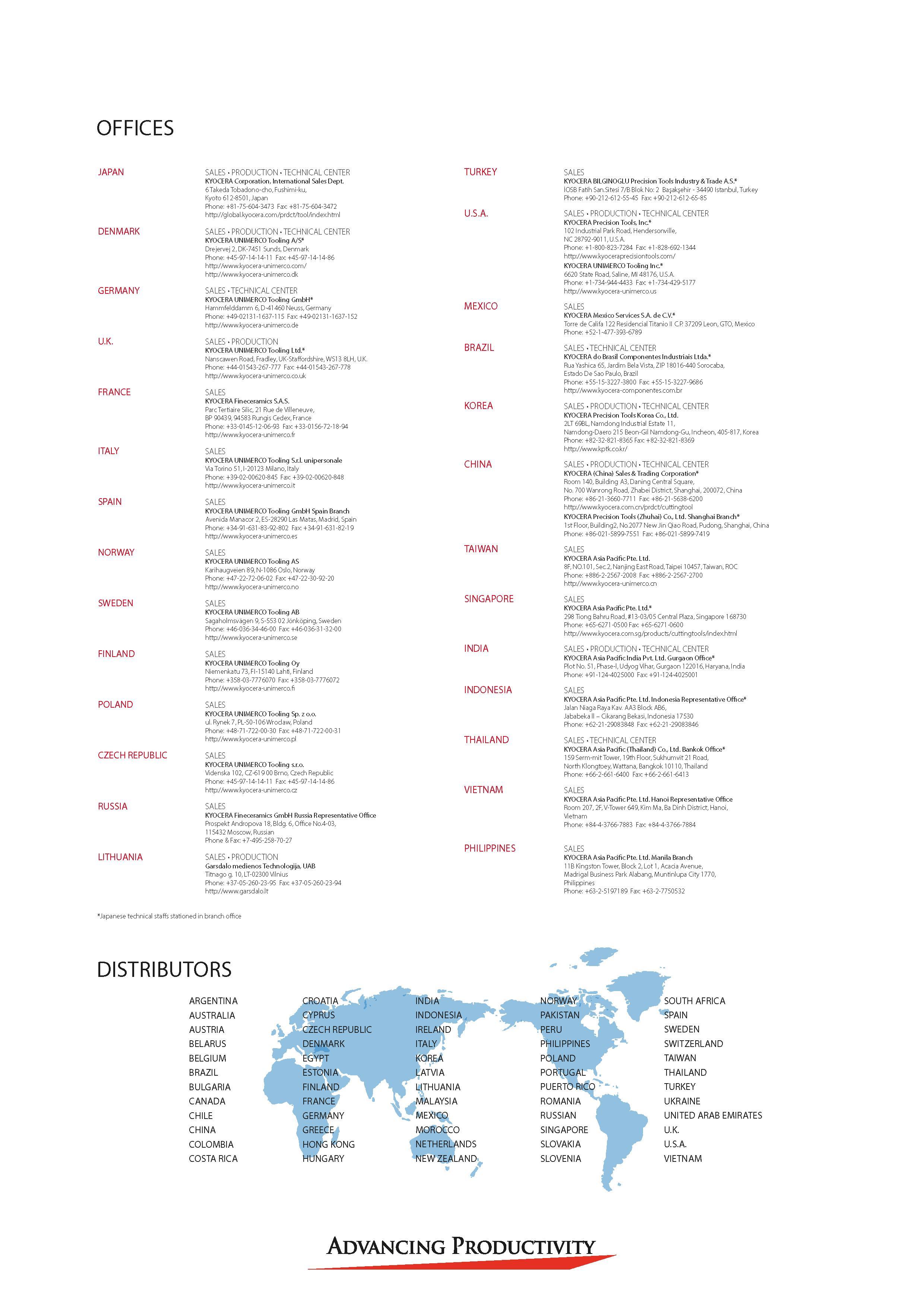 991 OFFICES CZECH REPUBLIC SALES PRODUCTION TECHNICAL CENTEF KYOCERA Corporation, International Sales Dept 6 Takeda Tobadono-cho, Fushimi-ku, Kyoto 6 Каталог KYOCERA 2016 Металлорежущий станочный инструмент Сменные режущие пластины Токарные резцы Расточные державки Фрезы с СРП и твердосплавные Сборные сверла Стр. 